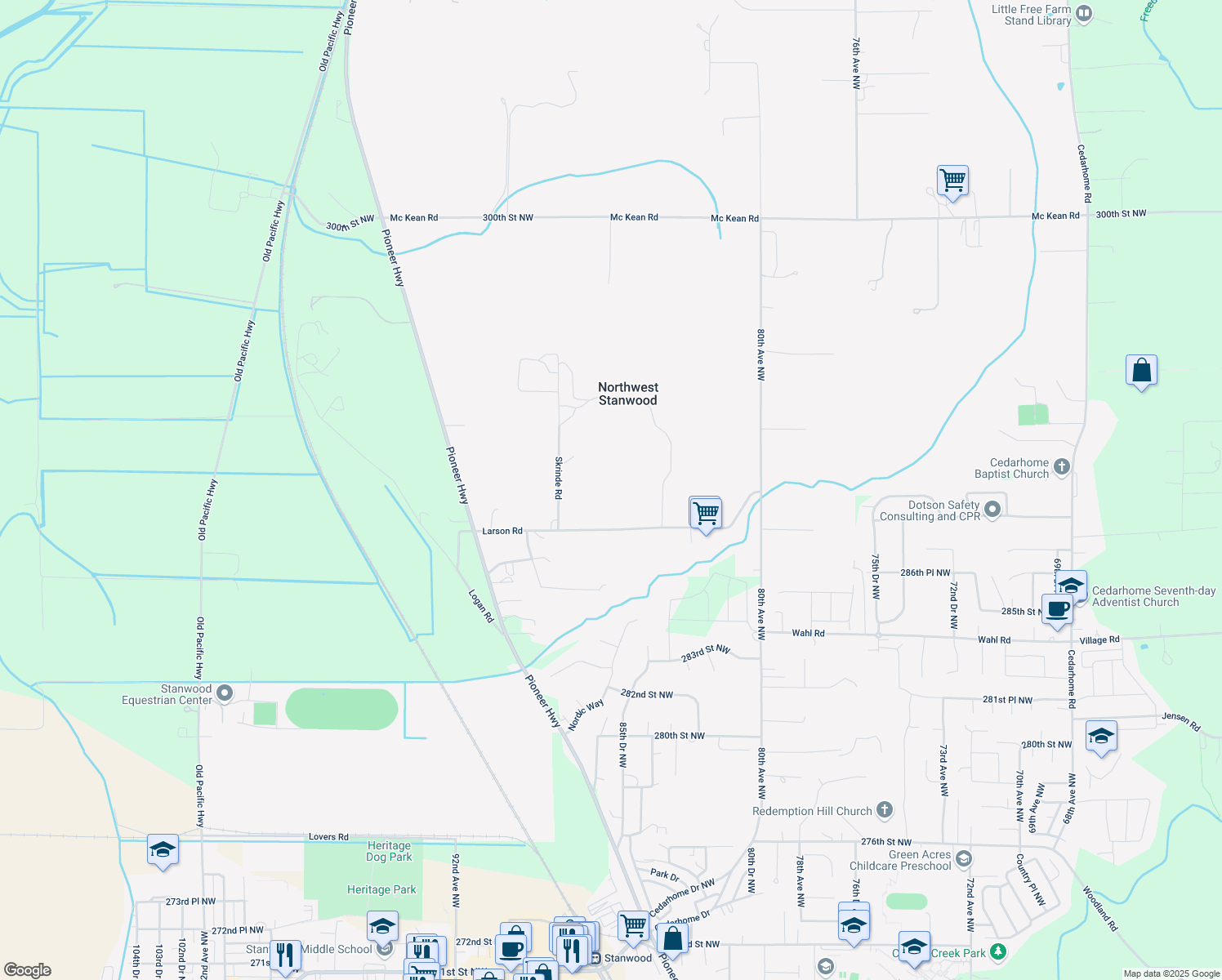 map of restaurants, bars, coffee shops, grocery stores, and more near 28919 88th Avenue Northwest in Stanwood