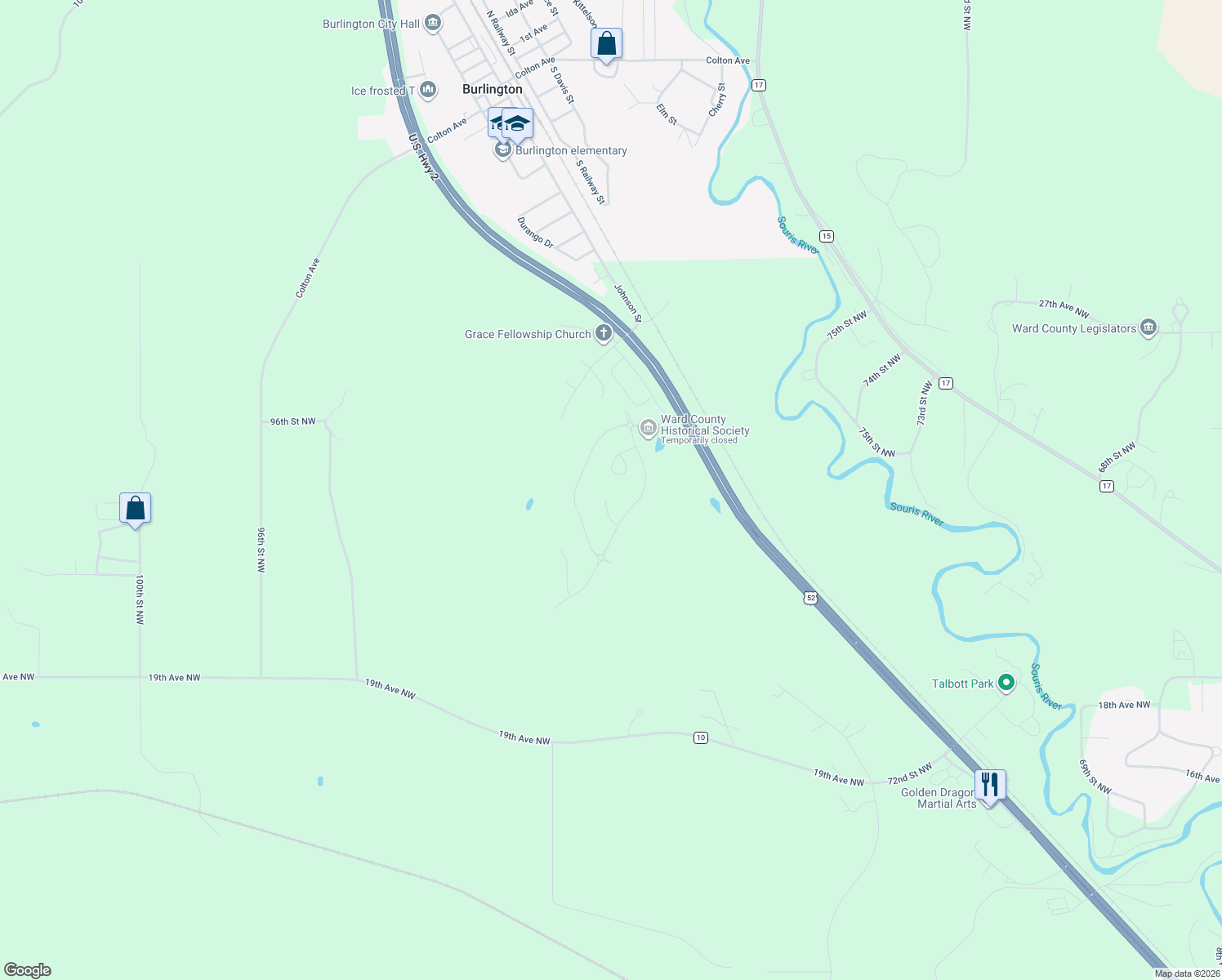 map of restaurants, bars, coffee shops, grocery stores, and more near in Ward County