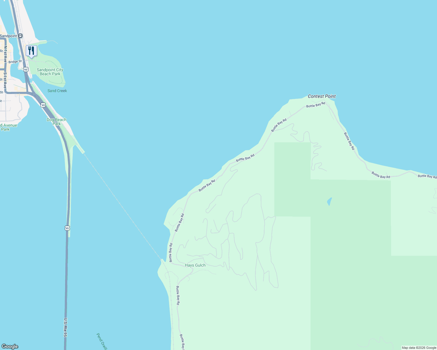 map of restaurants, bars, coffee shops, grocery stores, and more near 3361 Bottle Bay Road in Sagle