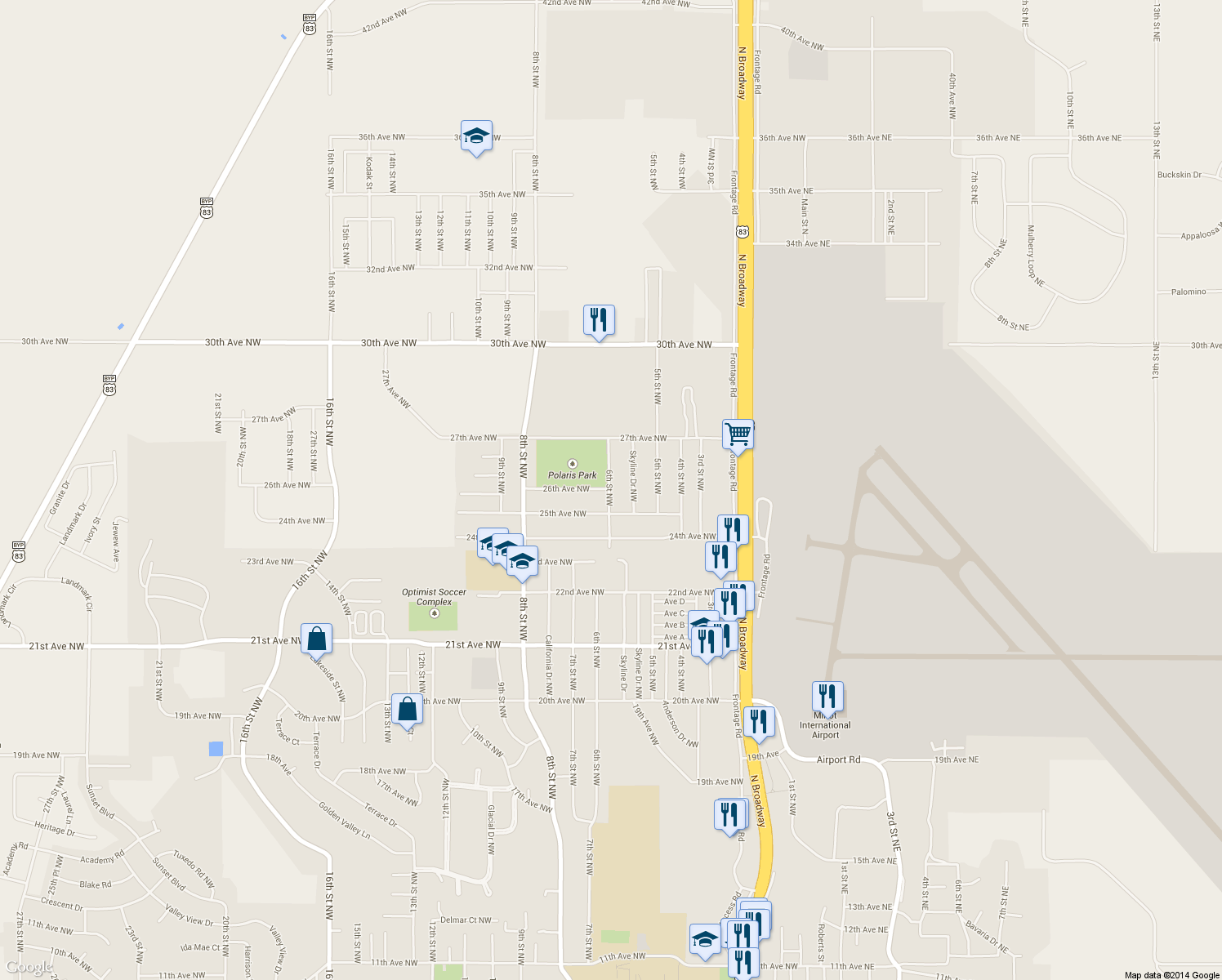 map of restaurants, bars, coffee shops, grocery stores, and more near 2516 6th Street Northwest in Minot