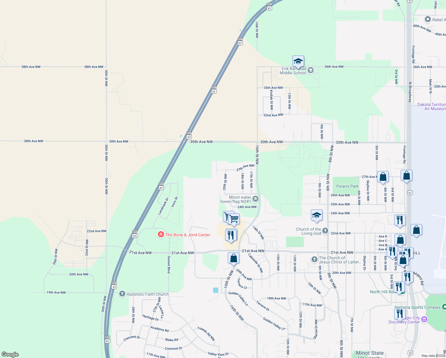 map of restaurants, bars, coffee shops, grocery stores, and more near 2629 20th Street Northwest in Minot