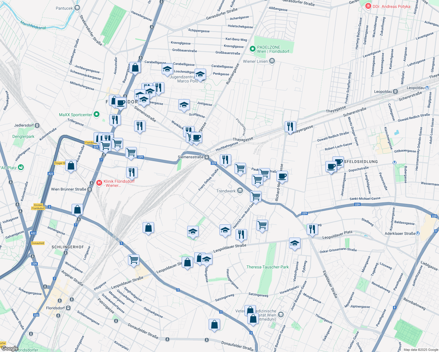 map of restaurants, bars, coffee shops, grocery stores, and more near 90 Siemensstraße in Wien