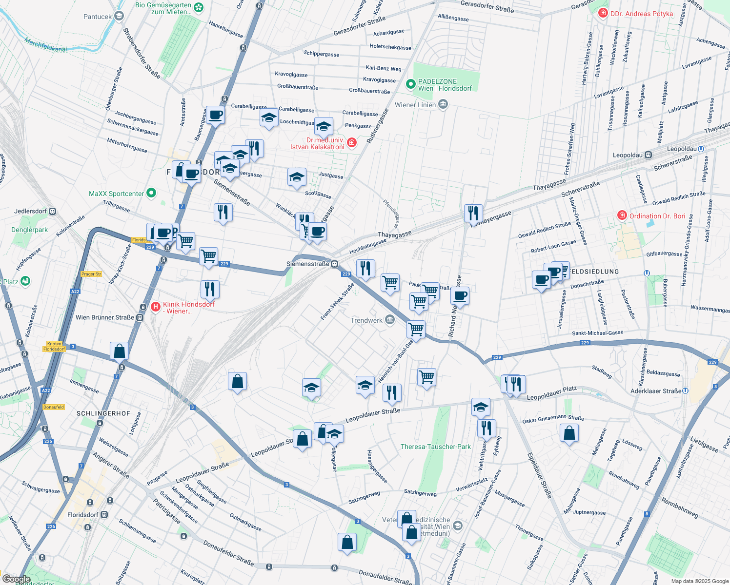 map of restaurants, bars, coffee shops, grocery stores, and more near 90 Siemensstraße in Wien