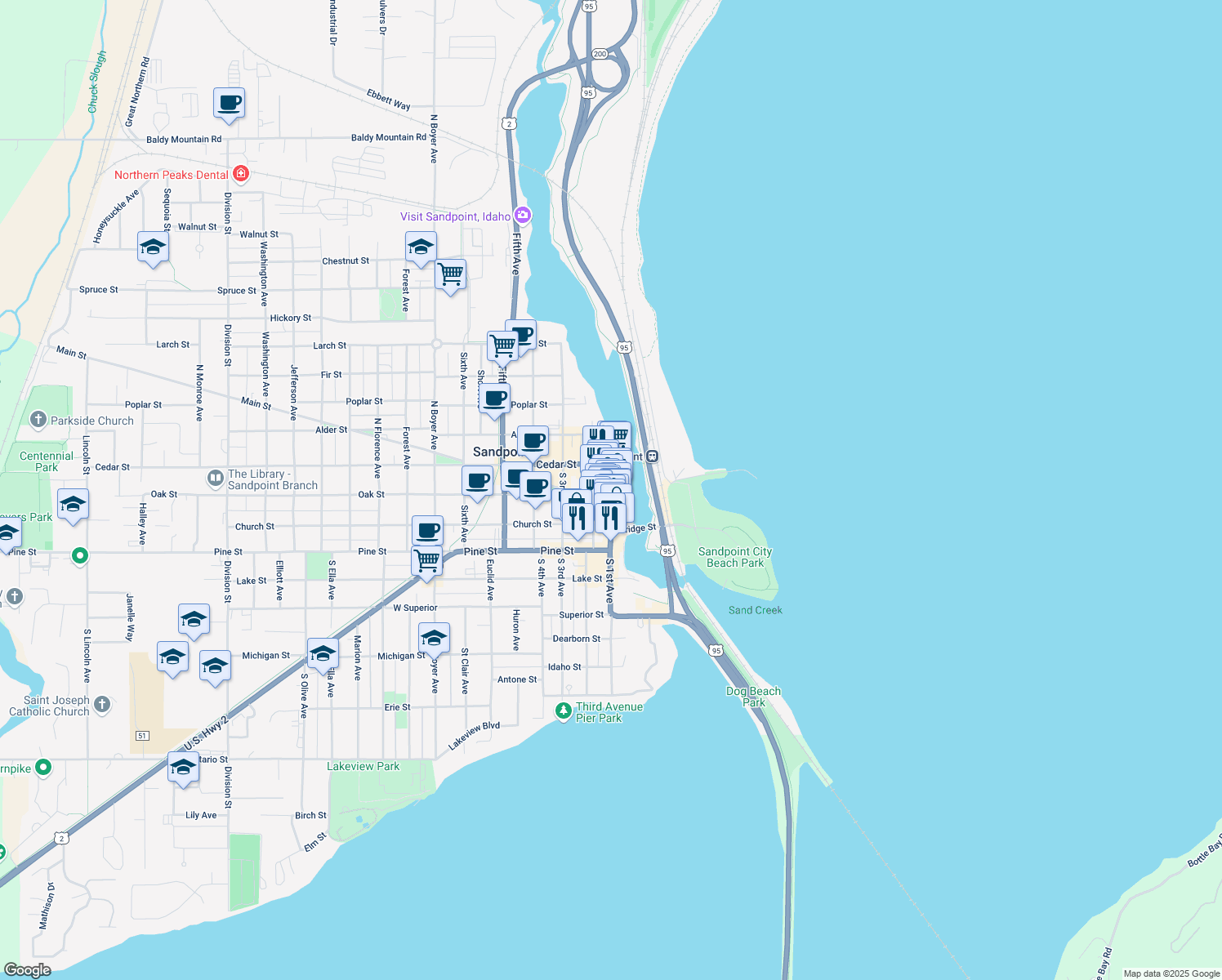 map of restaurants, bars, coffee shops, grocery stores, and more near 307 North 1st Avenue in Sandpoint