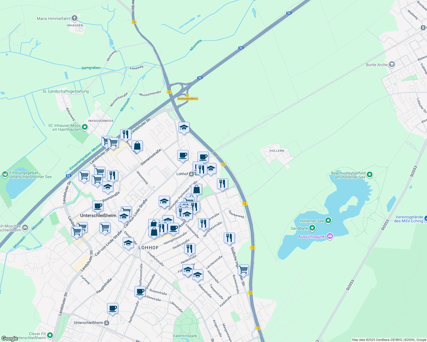 map of restaurants, bars, coffee shops, grocery stores, and more near 3 Freisinger Straße in Unterschleißheim