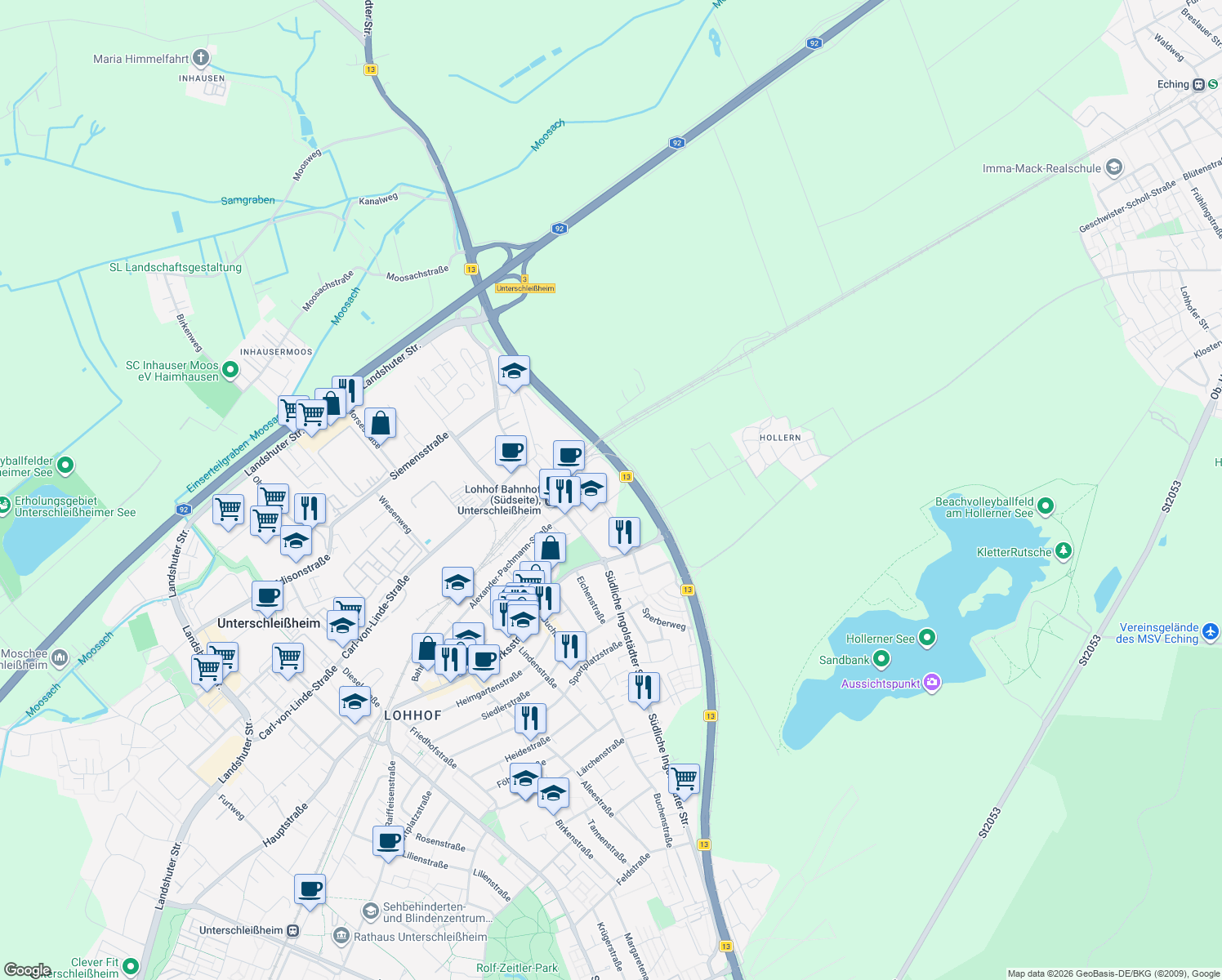 map of restaurants, bars, coffee shops, grocery stores, and more near 3 Freisinger Straße in Unterschleißheim