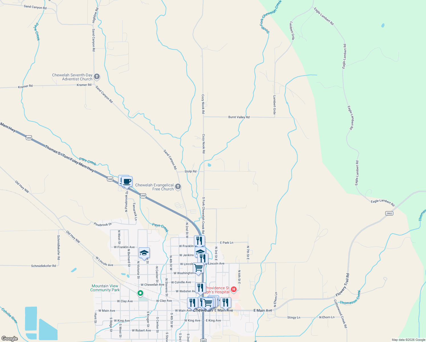 map of restaurants, bars, coffee shops, grocery stores, and more near 2268 Cozy Nook Branch Rd in Chewelah