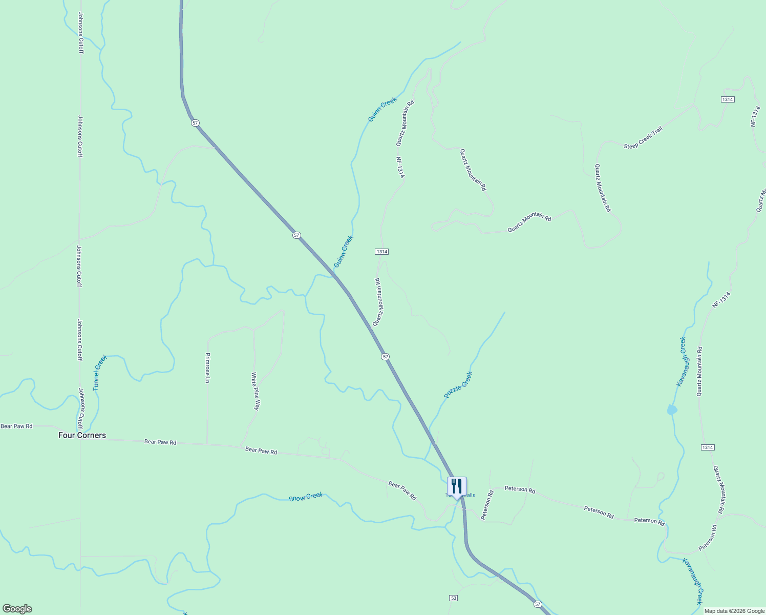 map of restaurants, bars, coffee shops, grocery stores, and more near 116 National Forest Development Road 1355 in Priest River