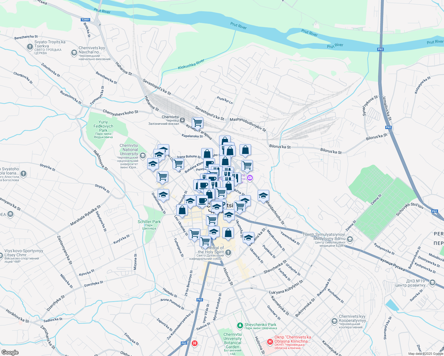 map of restaurants, bars, coffee shops, grocery stores, and more near 23 Holovna Street in Chernivtsi