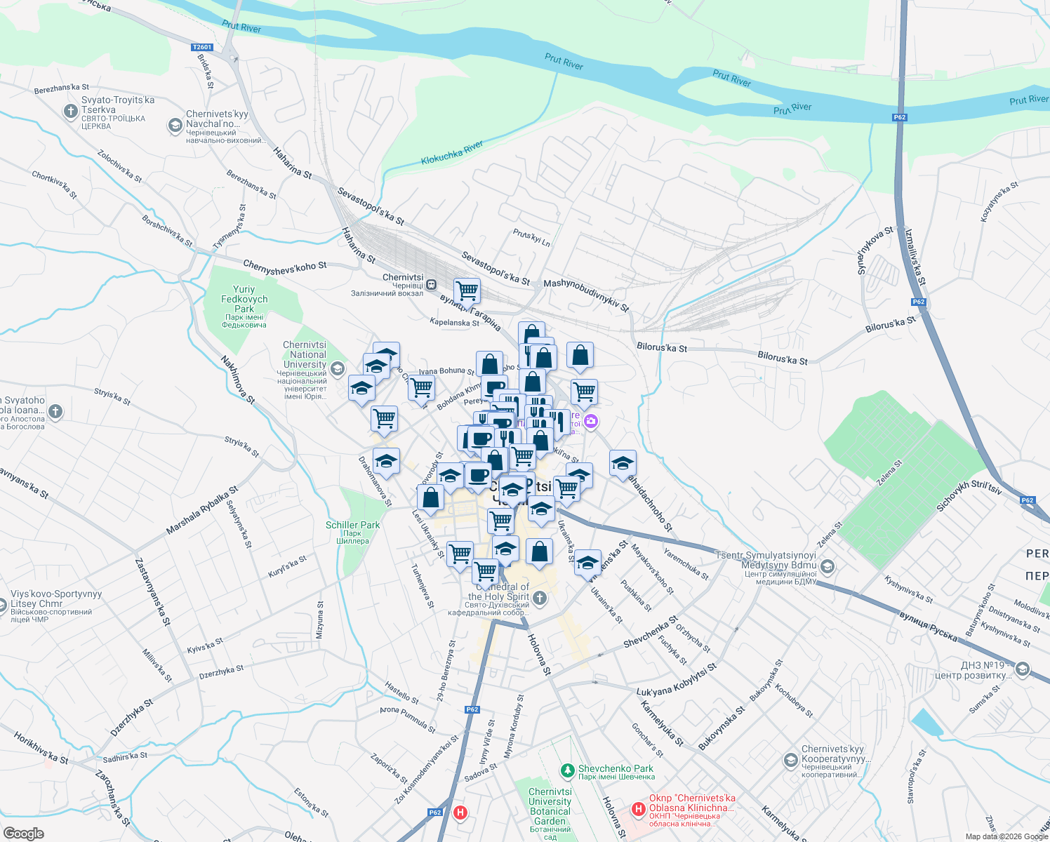 map of restaurants, bars, coffee shops, grocery stores, and more near 23 Holovna Street in Chernivtsi