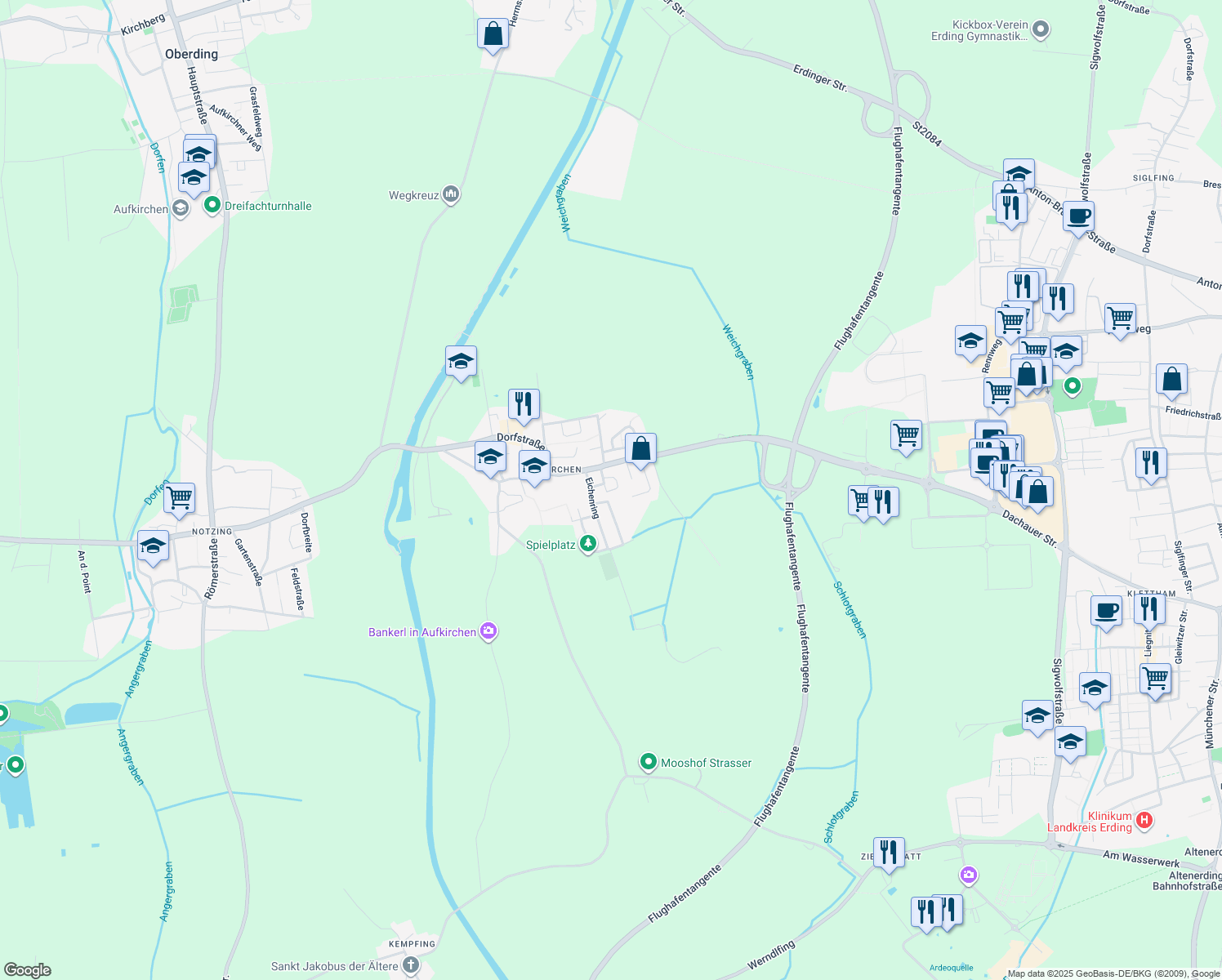 map of restaurants, bars, coffee shops, grocery stores, and more near 1 Eichenring in Oberding