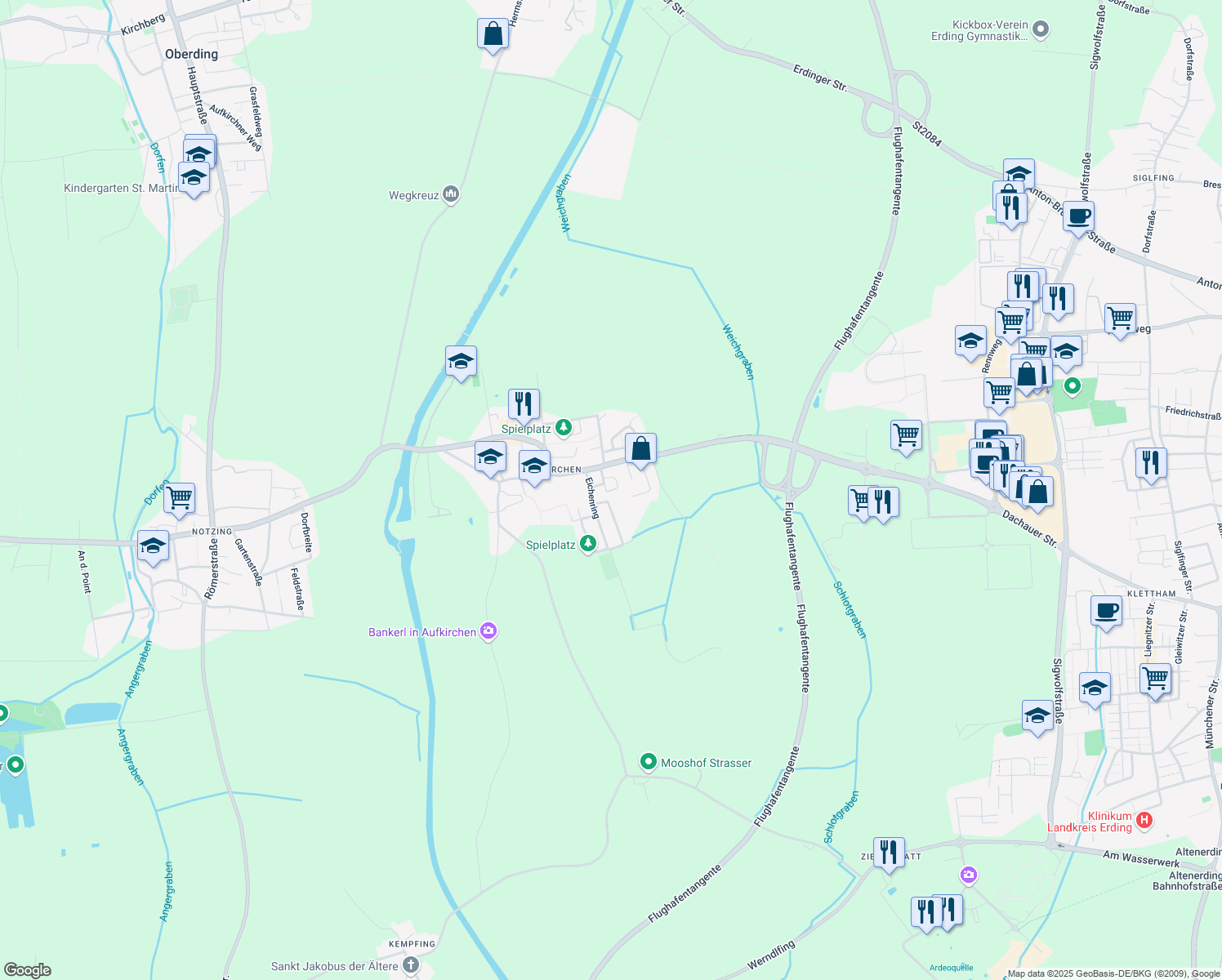 map of restaurants, bars, coffee shops, grocery stores, and more near 1 Eichenring in Oberding