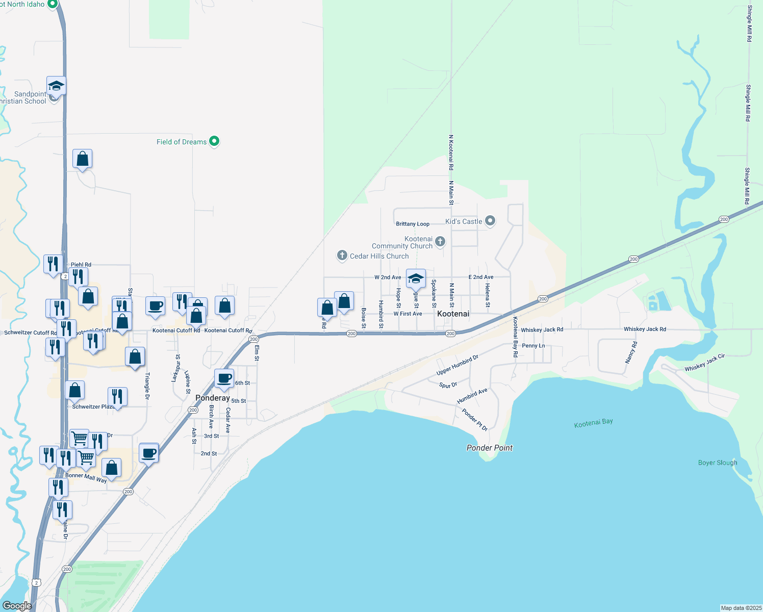 map of restaurants, bars, coffee shops, grocery stores, and more near 215 Humbird Street in Sandpoint