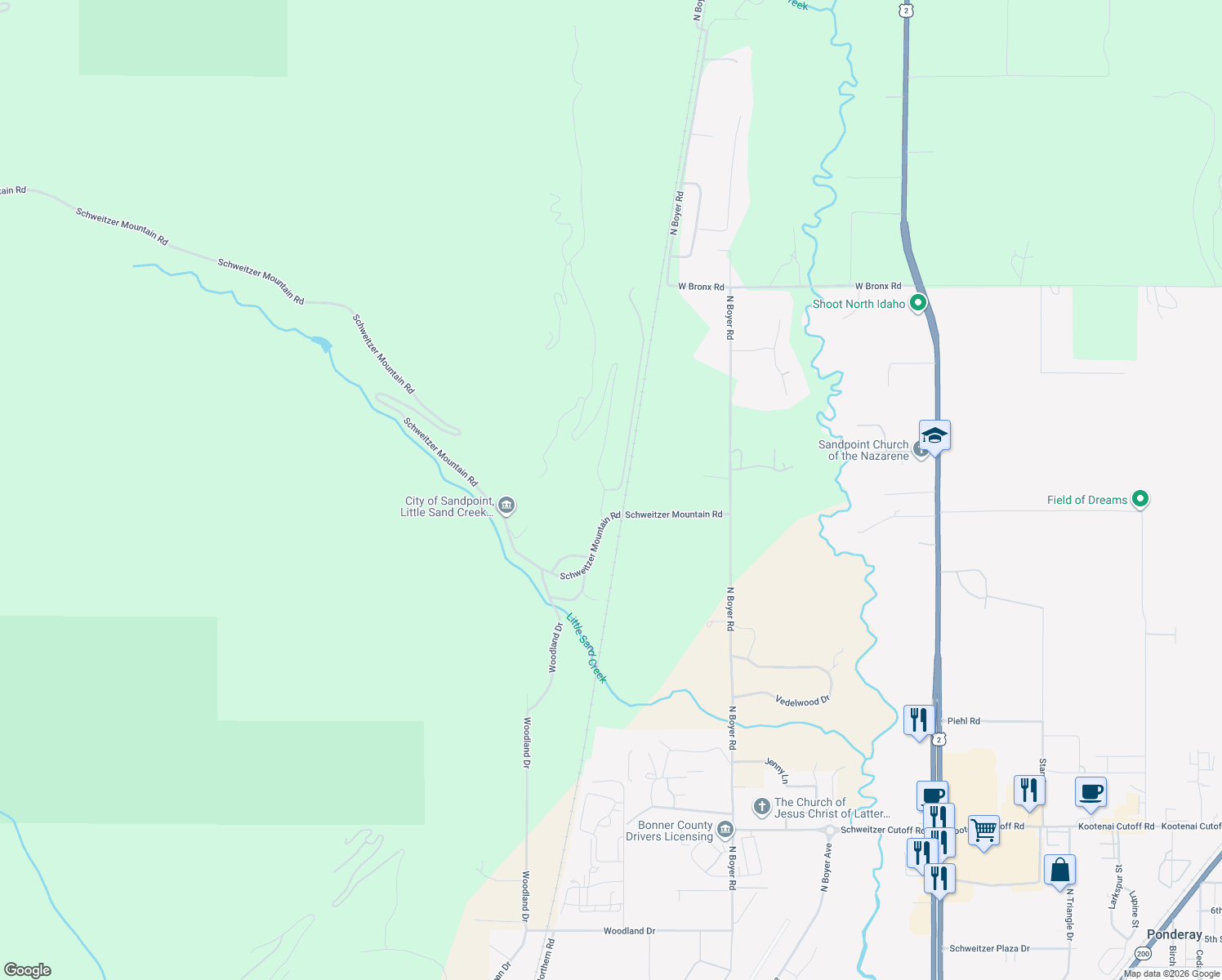 map of restaurants, bars, coffee shops, grocery stores, and more near 1 Granite Ridge Dr E in Sandpoint