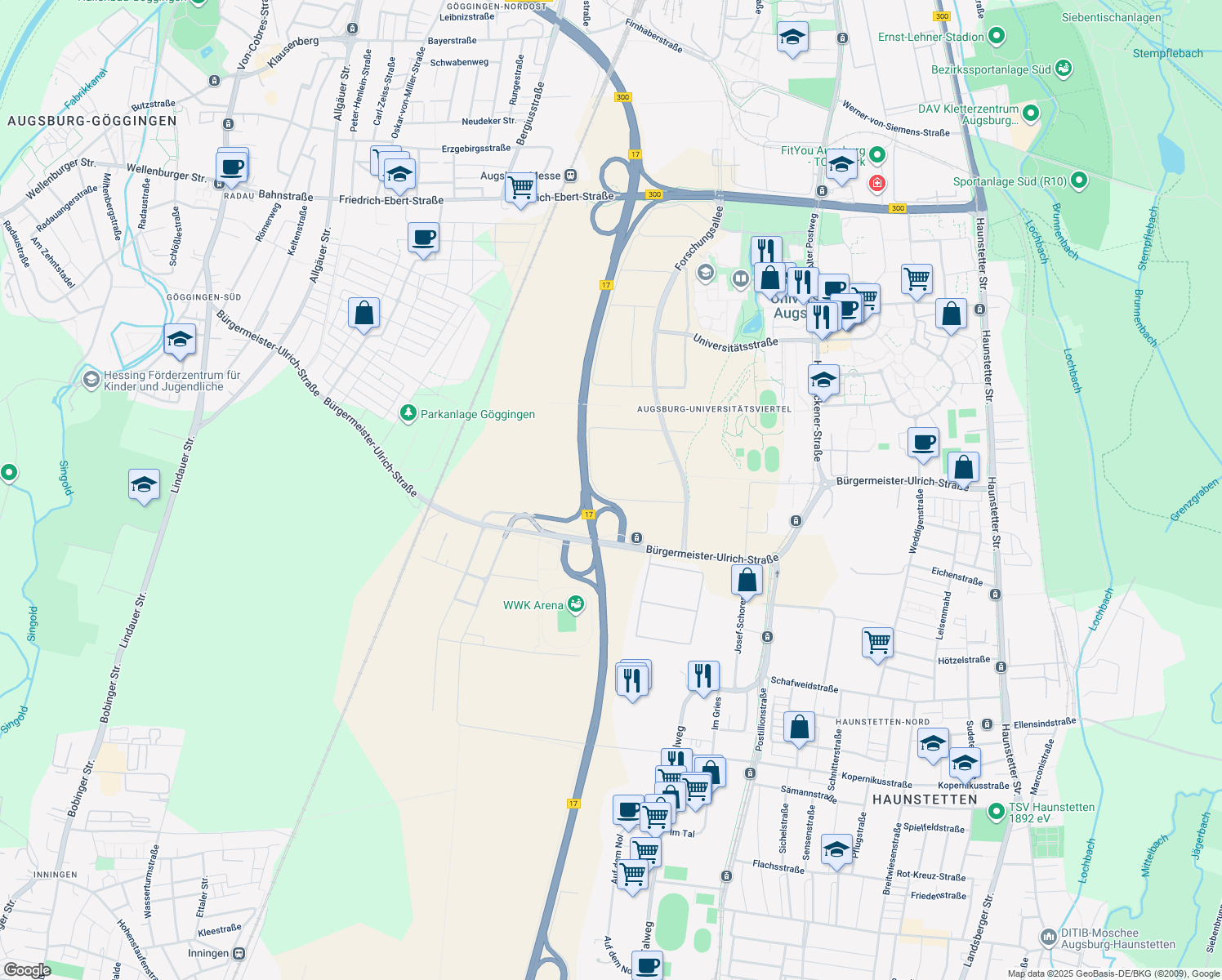 map of restaurants, bars, coffee shops, grocery stores, and more near 4 Karl-Drais-Straße in Augsburg