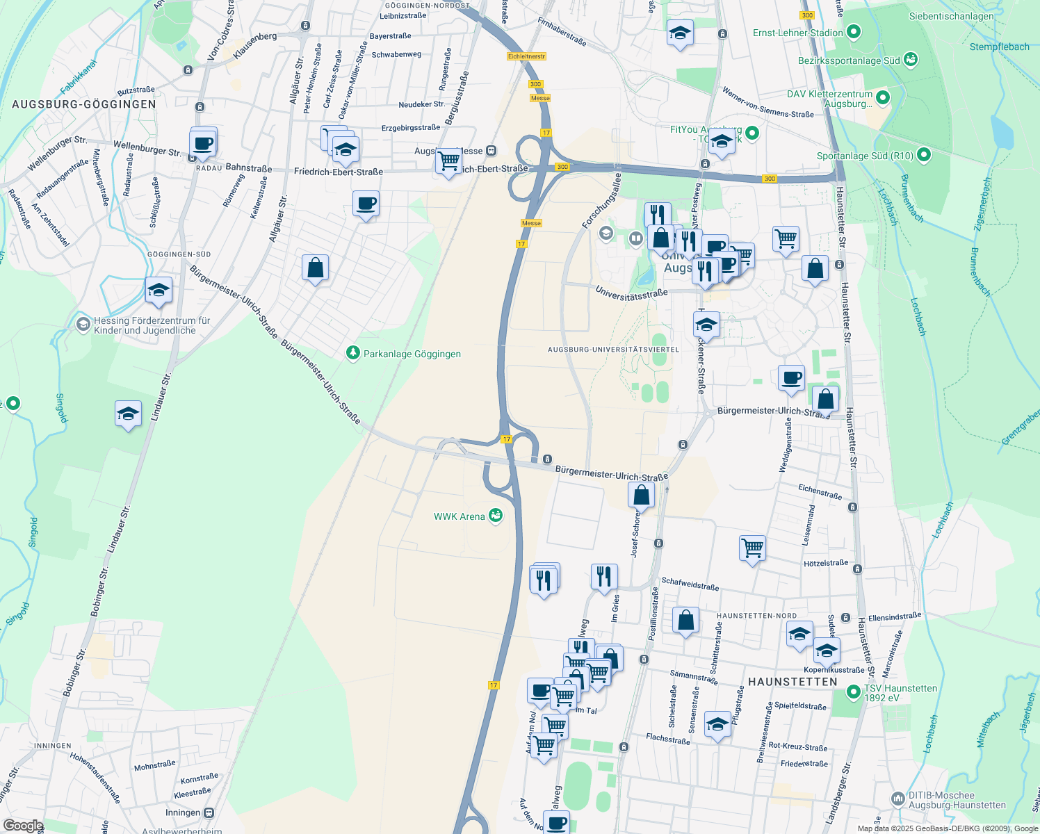 map of restaurants, bars, coffee shops, grocery stores, and more near 4 Karl-Drais-Straße in Augsburg
