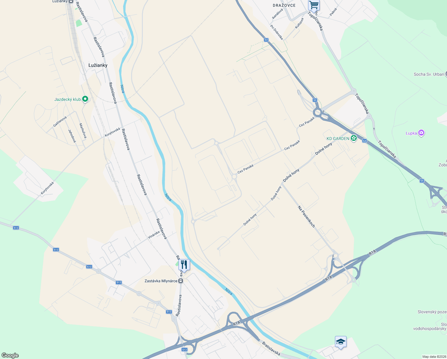 map of restaurants, bars, coffee shops, grocery stores, and more near 11 Cez Panské in Lužianky