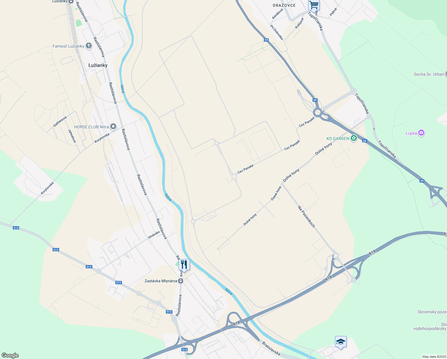 map of restaurants, bars, coffee shops, grocery stores, and more near 11 Cez Panské in Lužianky