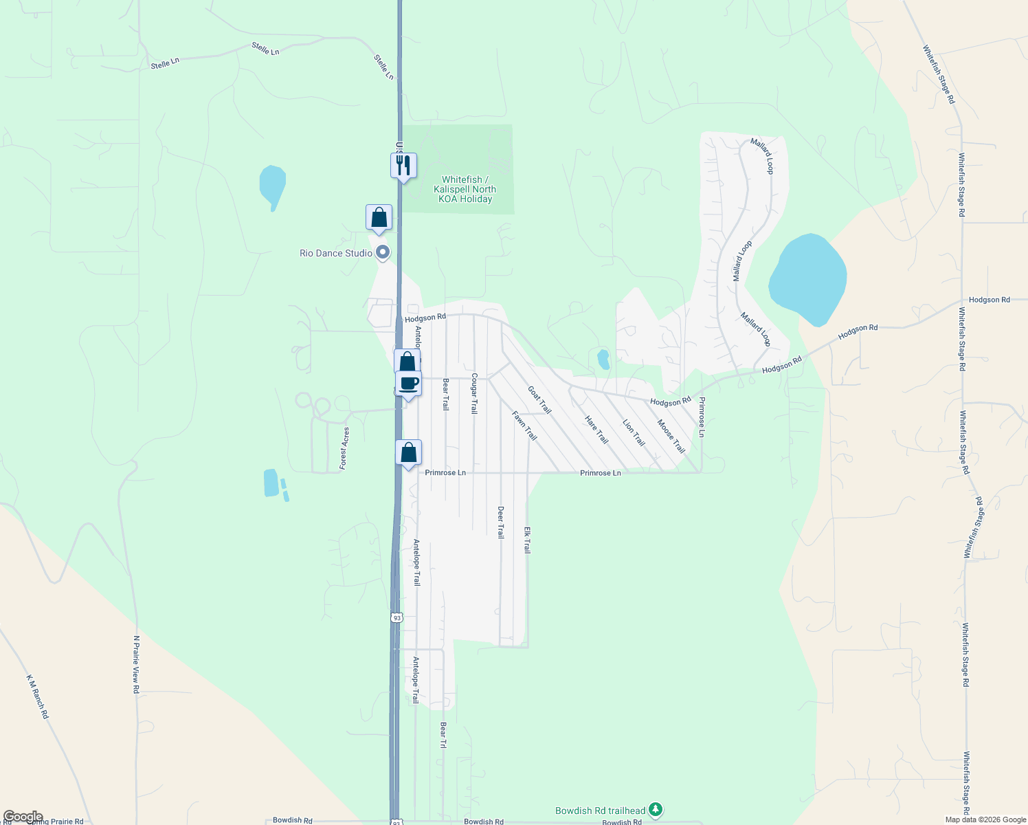 map of restaurants, bars, coffee shops, grocery stores, and more near 225 Fawn Trail in Whitefish