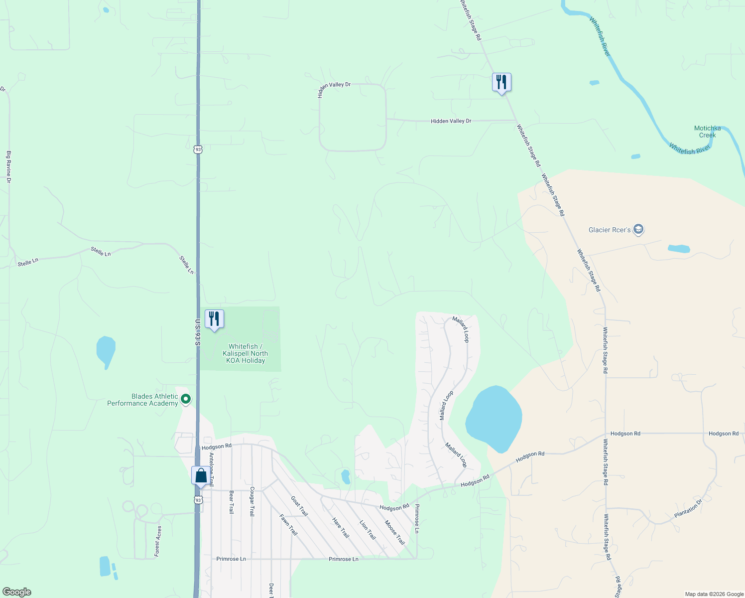 map of restaurants, bars, coffee shops, grocery stores, and more near 130 Wagon Wheel Road in Whitefish