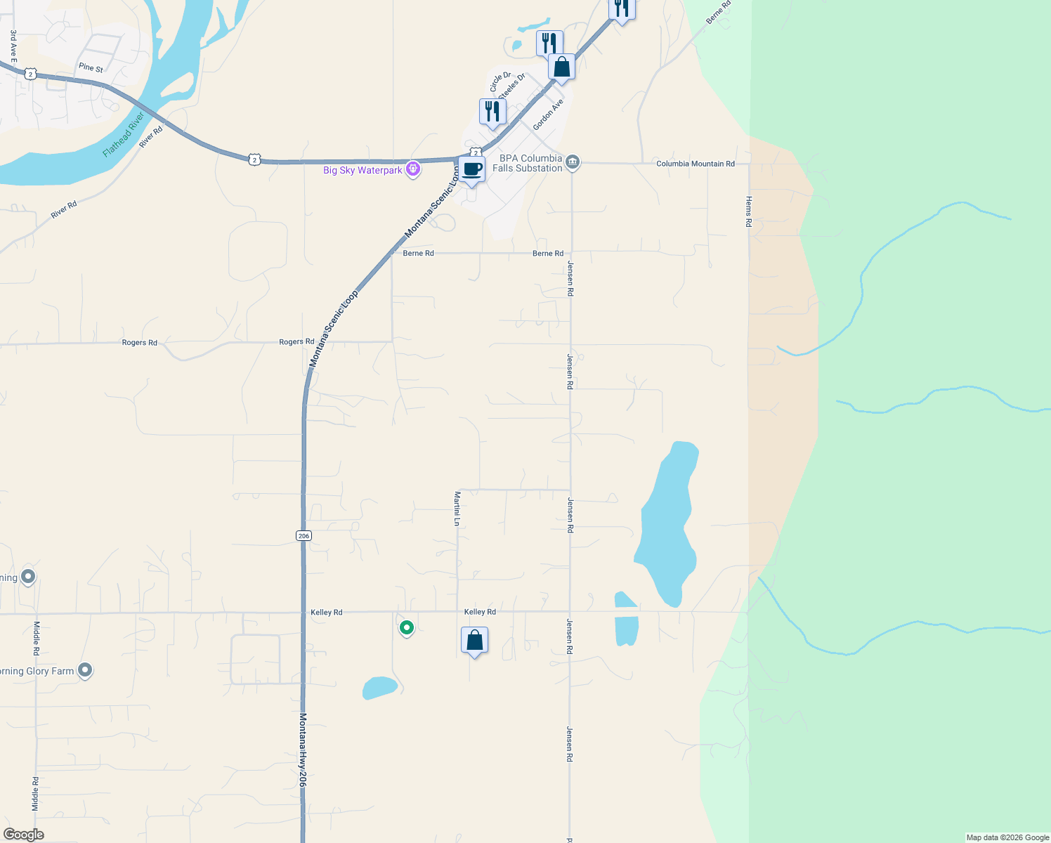 map of restaurants, bars, coffee shops, grocery stores, and more near 916 Jensen Road in Columbia Falls