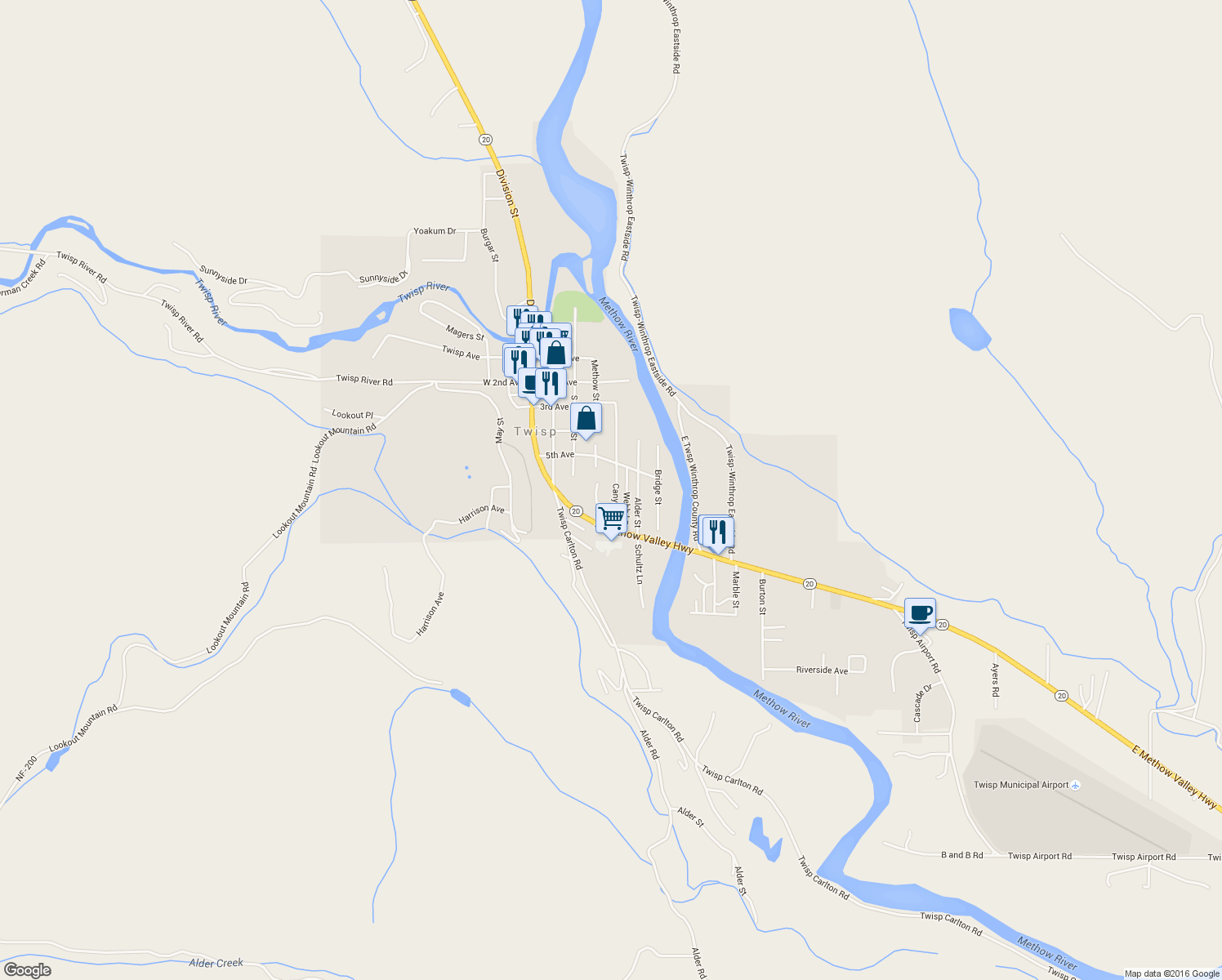 map of restaurants, bars, coffee shops, grocery stores, and more near 503 Canyon Street in Twisp
