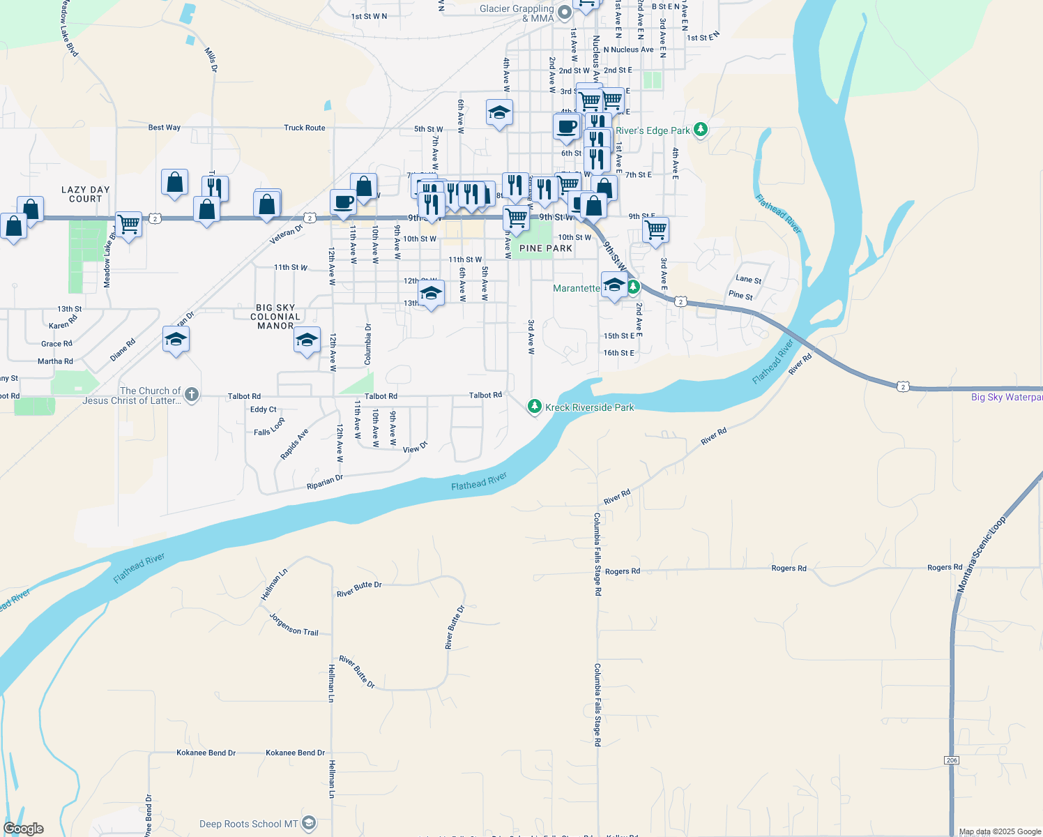 map of restaurants, bars, coffee shops, grocery stores, and more near 530 Talbot Road in Columbia Falls