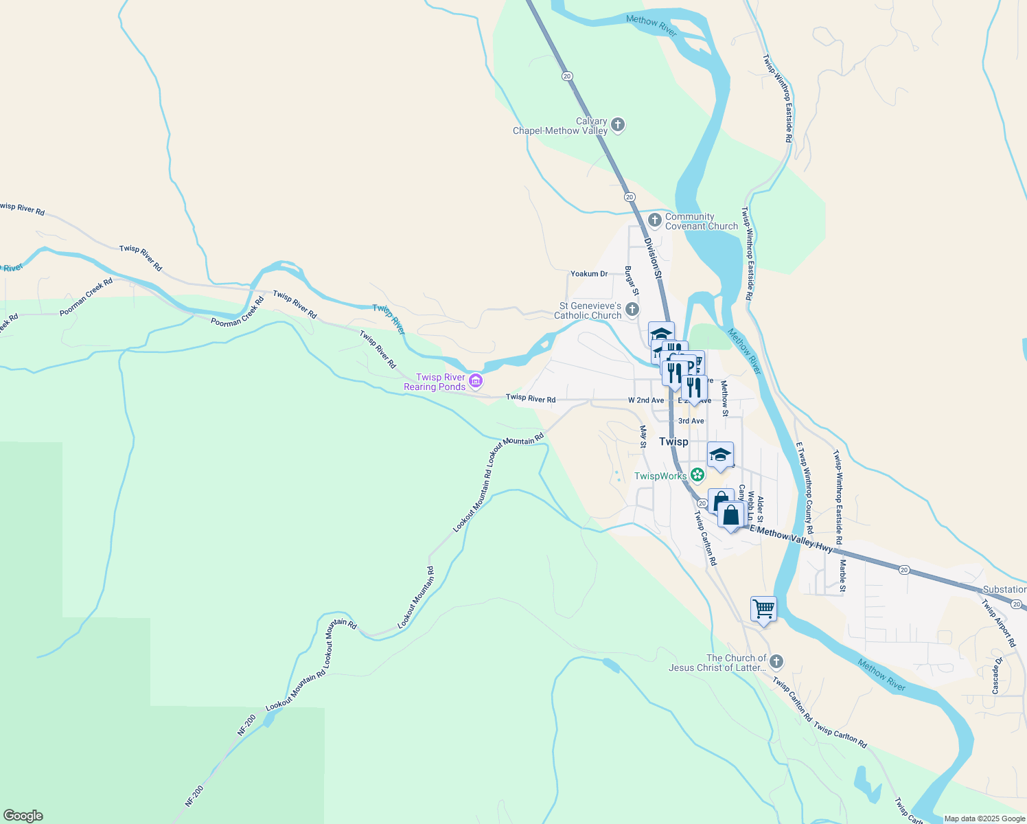 map of restaurants, bars, coffee shops, grocery stores, and more near 605 West 2nd Avenue in Twisp
