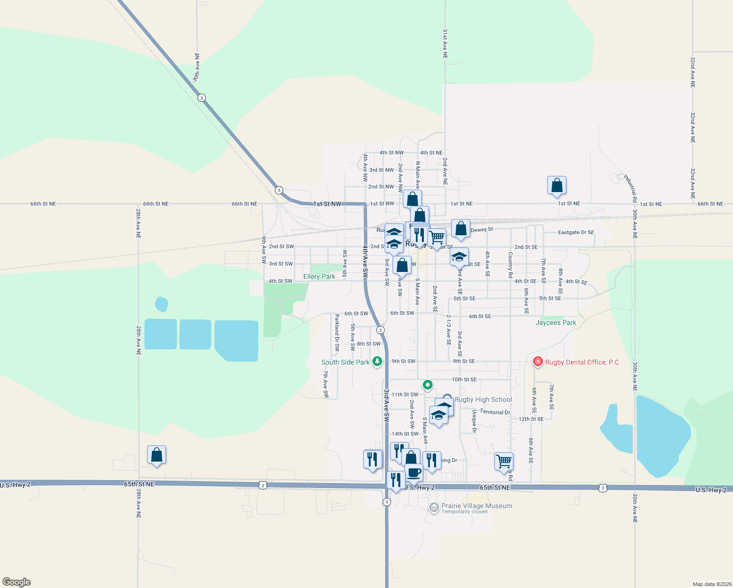 map of restaurants, bars, coffee shops, grocery stores, and more near 499 4th Avenue Southwest in Rugby