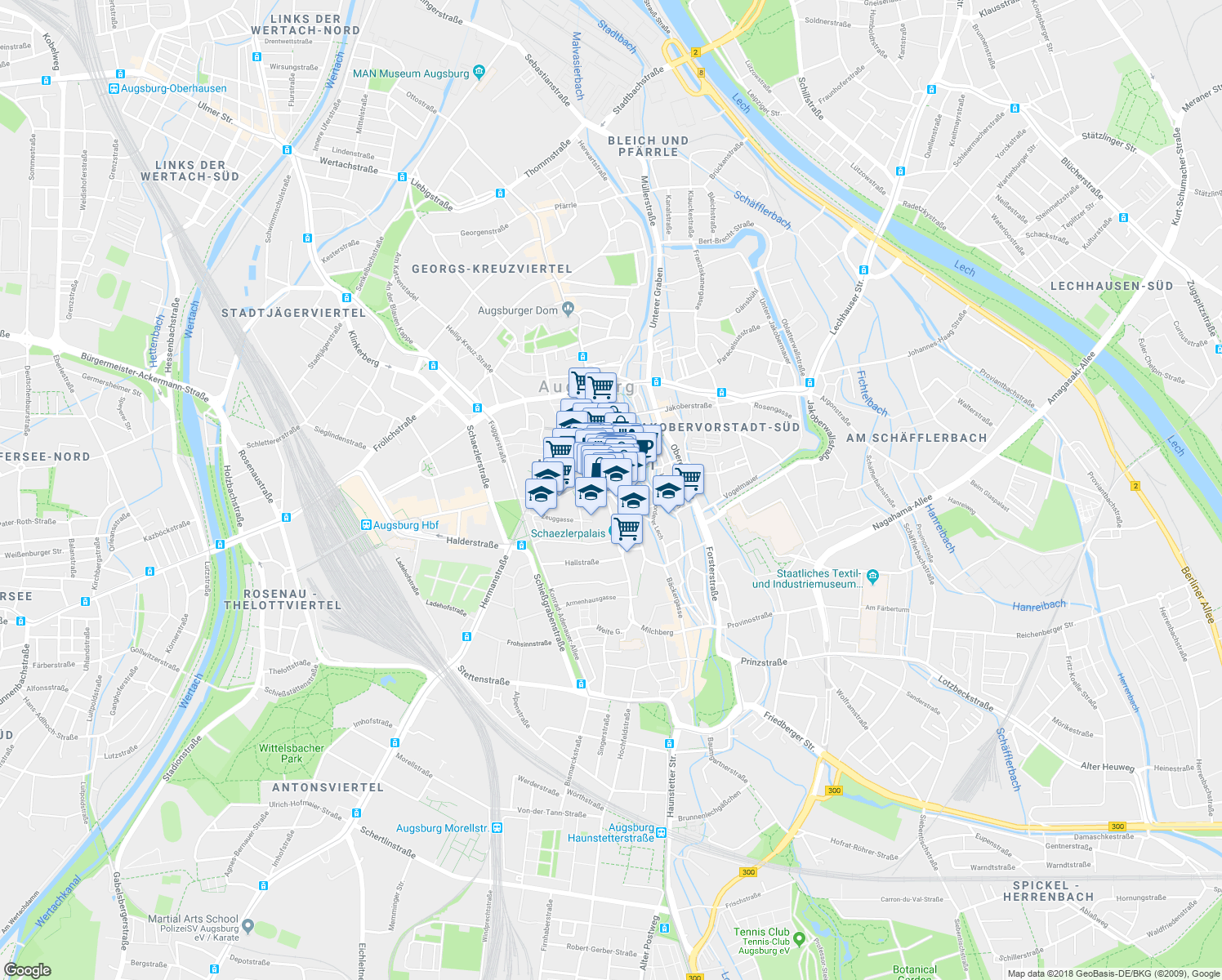 map of restaurants, bars, coffee shops, grocery stores, and more near 37 Maximilianstraße in Augsburg