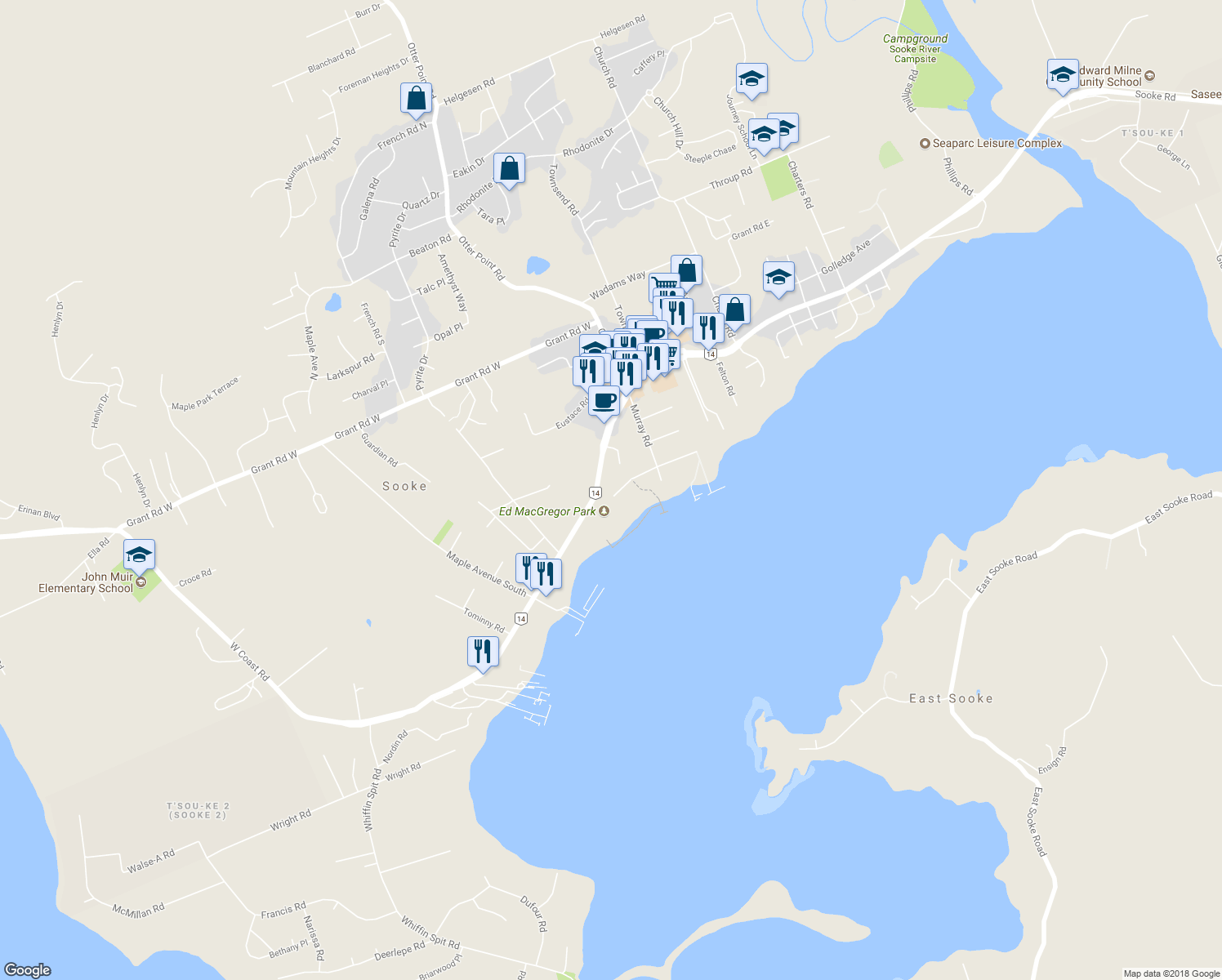 map of restaurants, bars, coffee shops, grocery stores, and more near 6762 Horne Road in Sooke