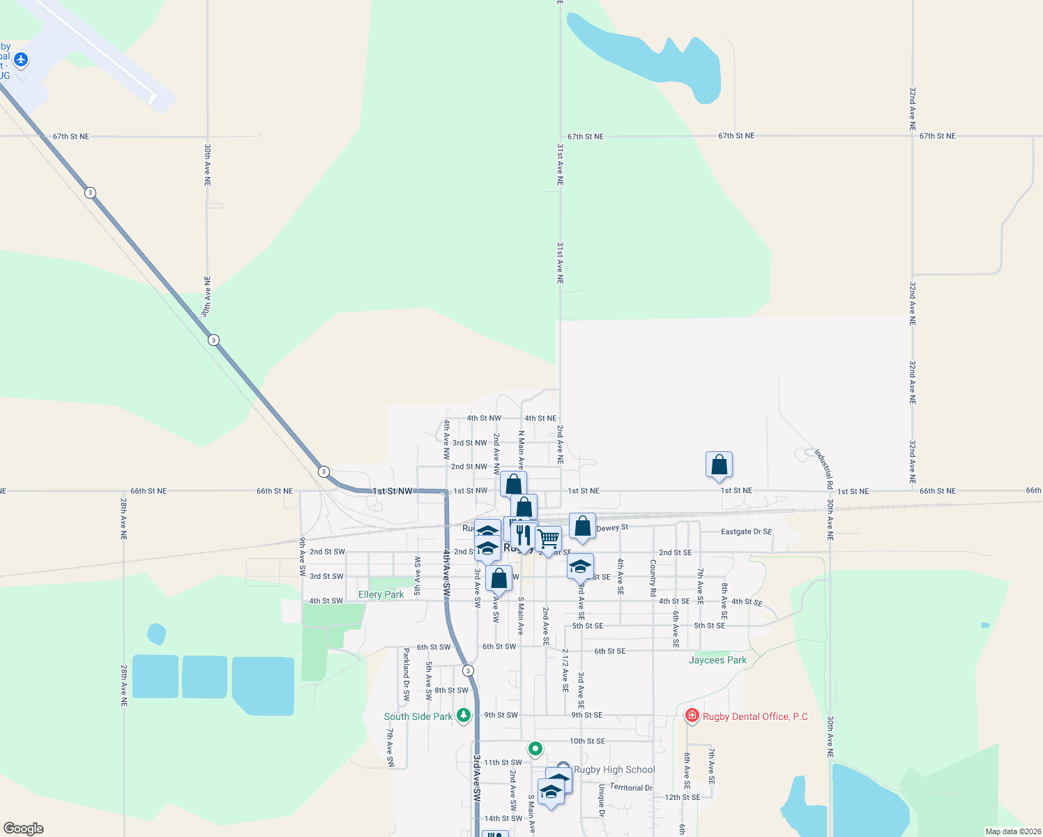 map of restaurants, bars, coffee shops, grocery stores, and more near 398 N Main Ave in Rugby