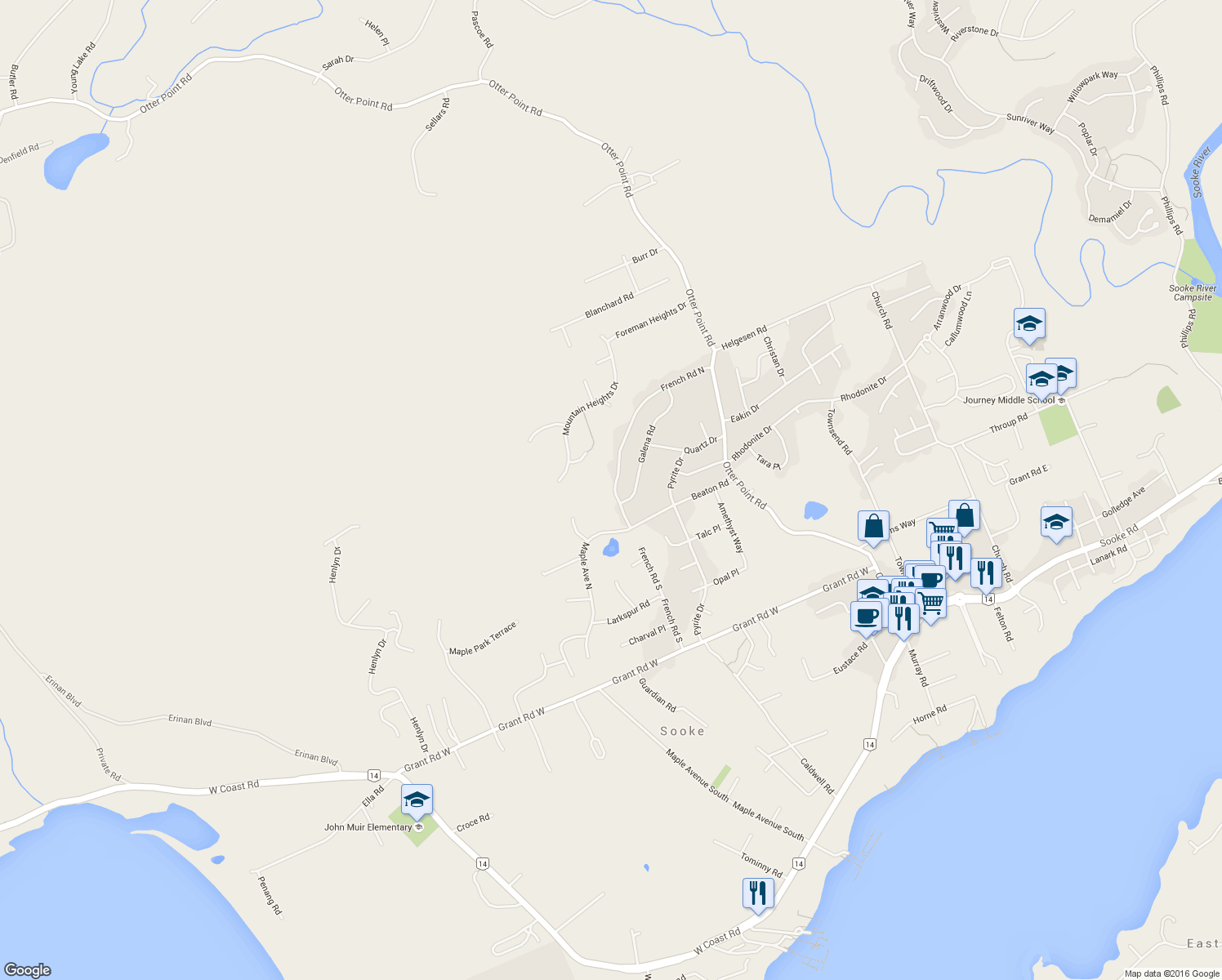 map of restaurants, bars, coffee shops, grocery stores, and more near 2300 French Road North in Sooke