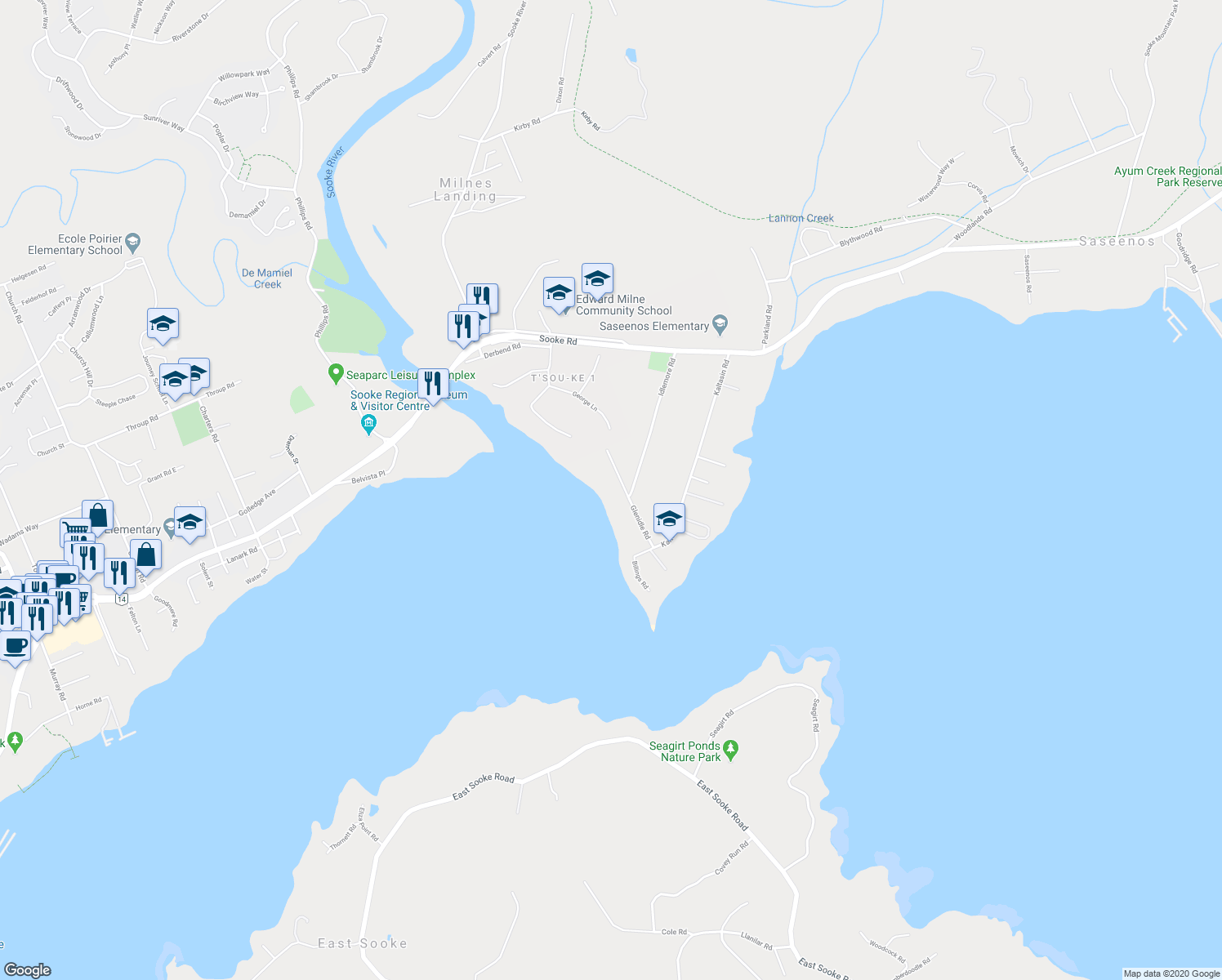 map of restaurants, bars, coffee shops, grocery stores, and more near 2022 Glenidle Road in Sooke
