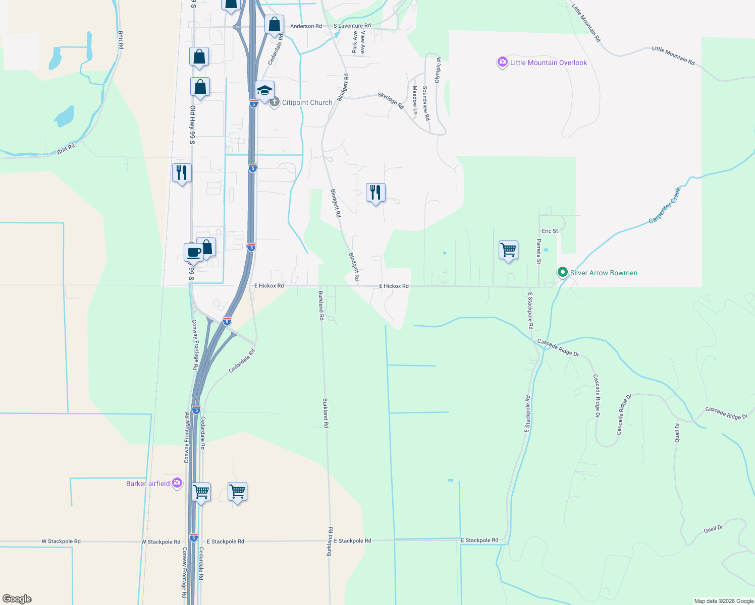 map of restaurants, bars, coffee shops, grocery stores, and more near 18075 Granite Lane in Mount Vernon