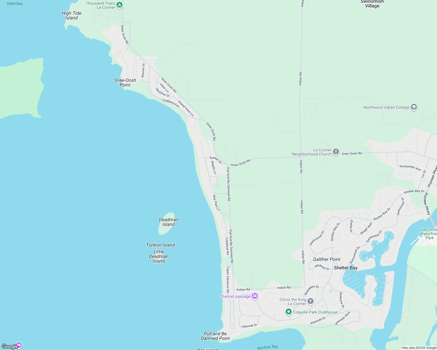 map of restaurants, bars, coffee shops, grocery stores, and more near 17483 Maple Lane in La Conner