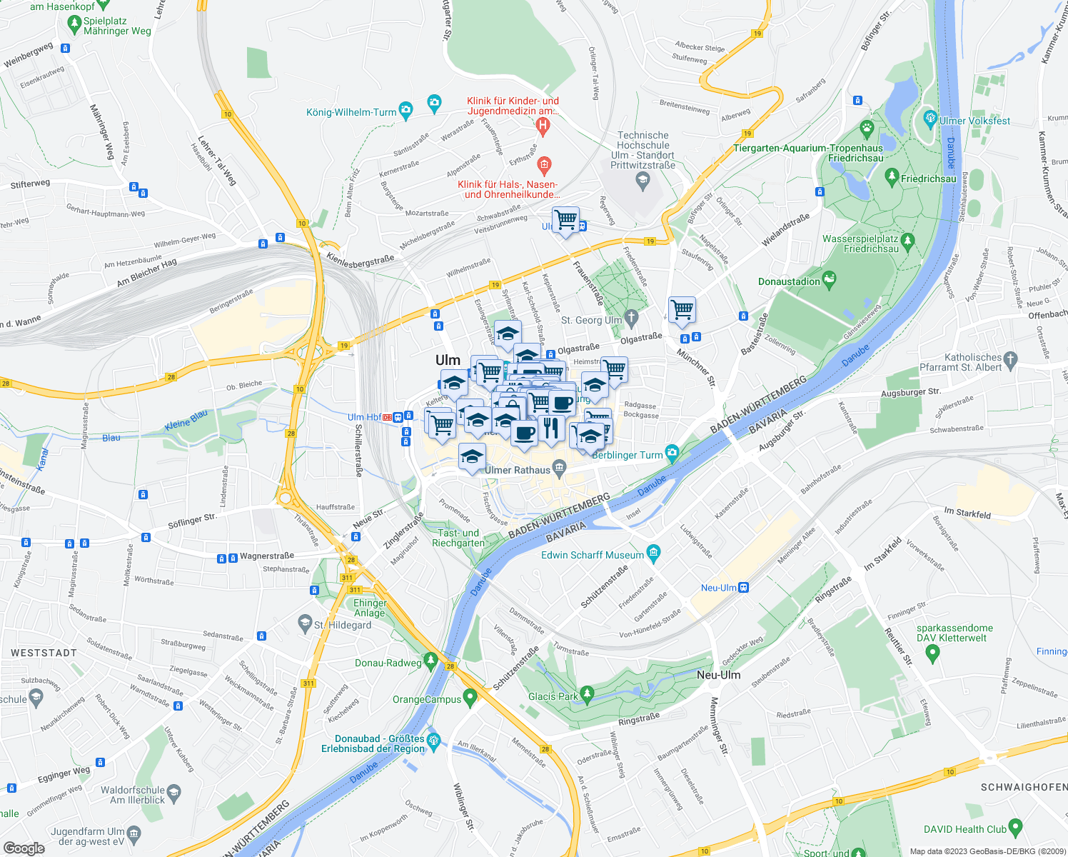 map of restaurants, bars, coffee shops, grocery stores, and more near Münsterplatz in Ulm