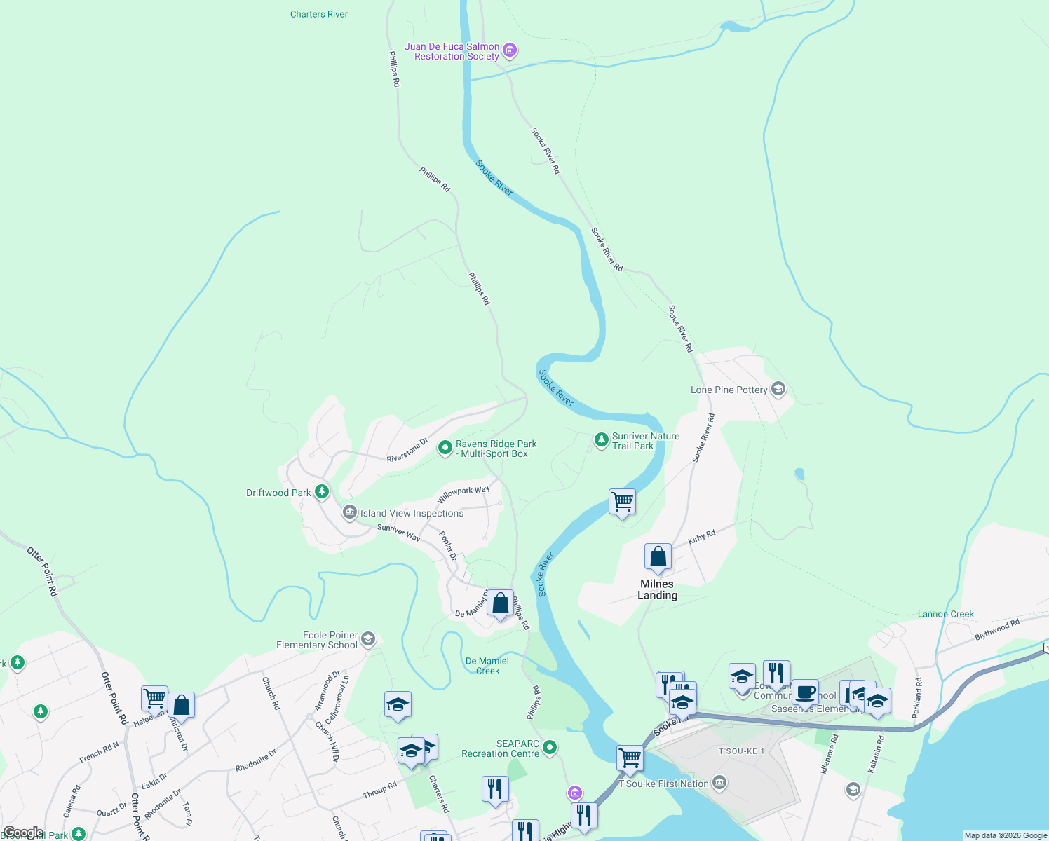 map of restaurants, bars, coffee shops, grocery stores, and more near 2455 Phillips Road in Sooke