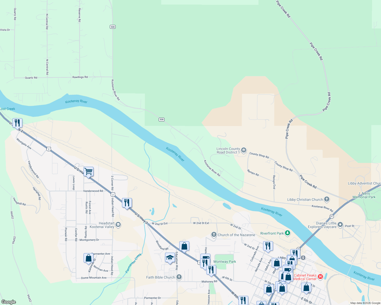 map of restaurants, bars, coffee shops, grocery stores, and more near 1165 Kootenai River Road in Libby