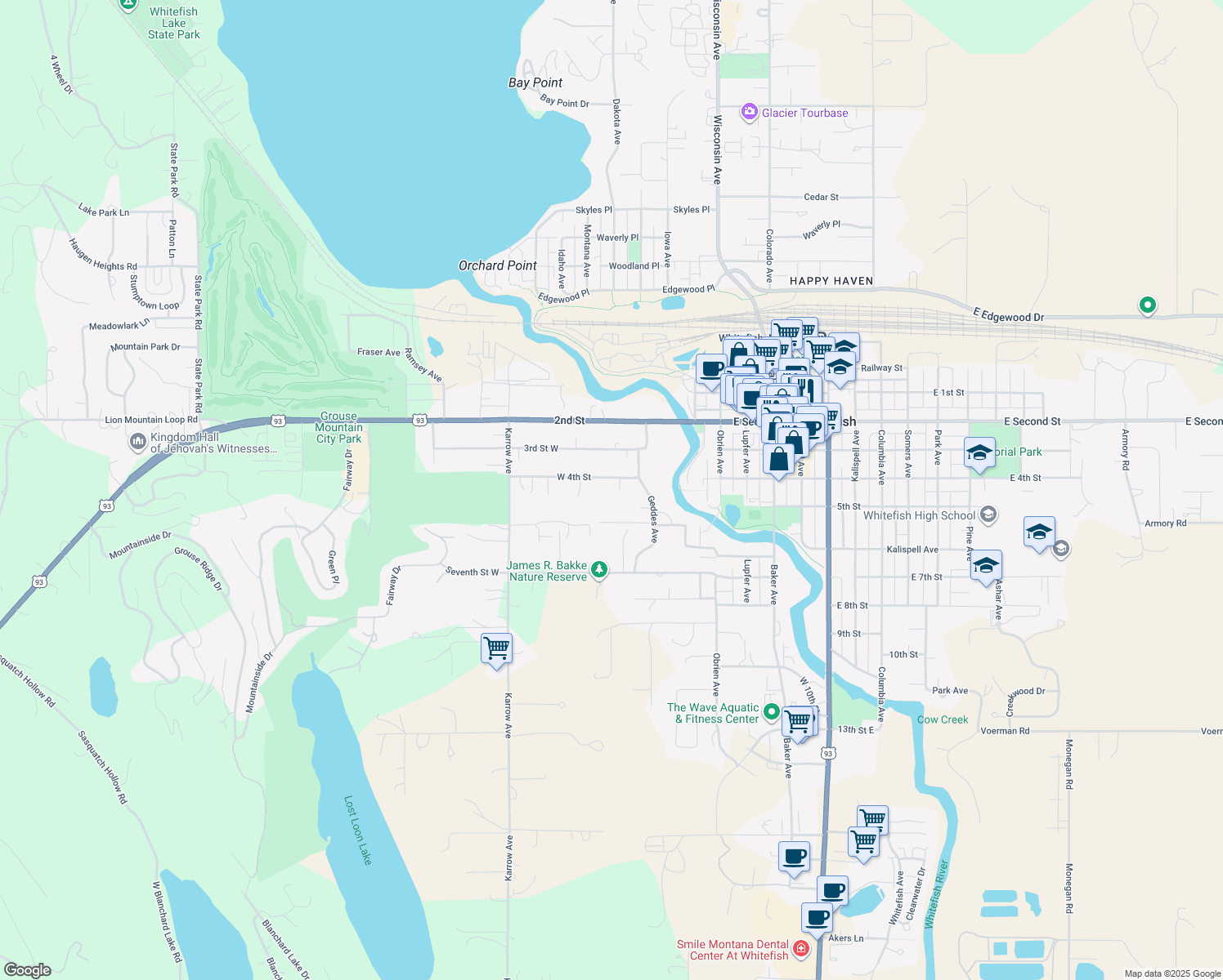map of restaurants, bars, coffee shops, grocery stores, and more near 211 4th Street in Whitefish
