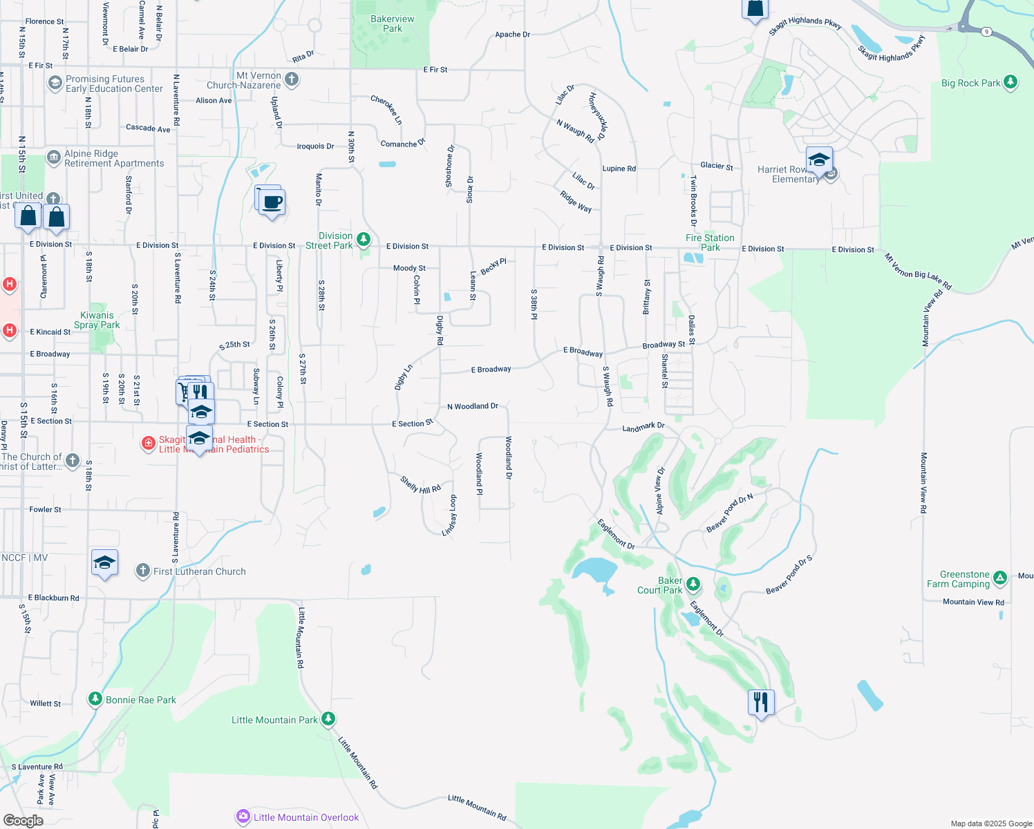 map of restaurants, bars, coffee shops, grocery stores, and more near 3715 North Woodland Drive in Mount Vernon