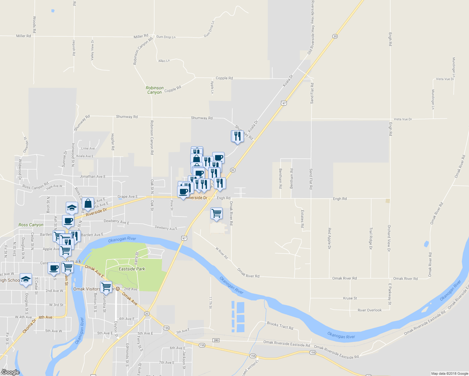 map of restaurants, bars, coffee shops, grocery stores, and more near 2 Laguna Place West in Omak