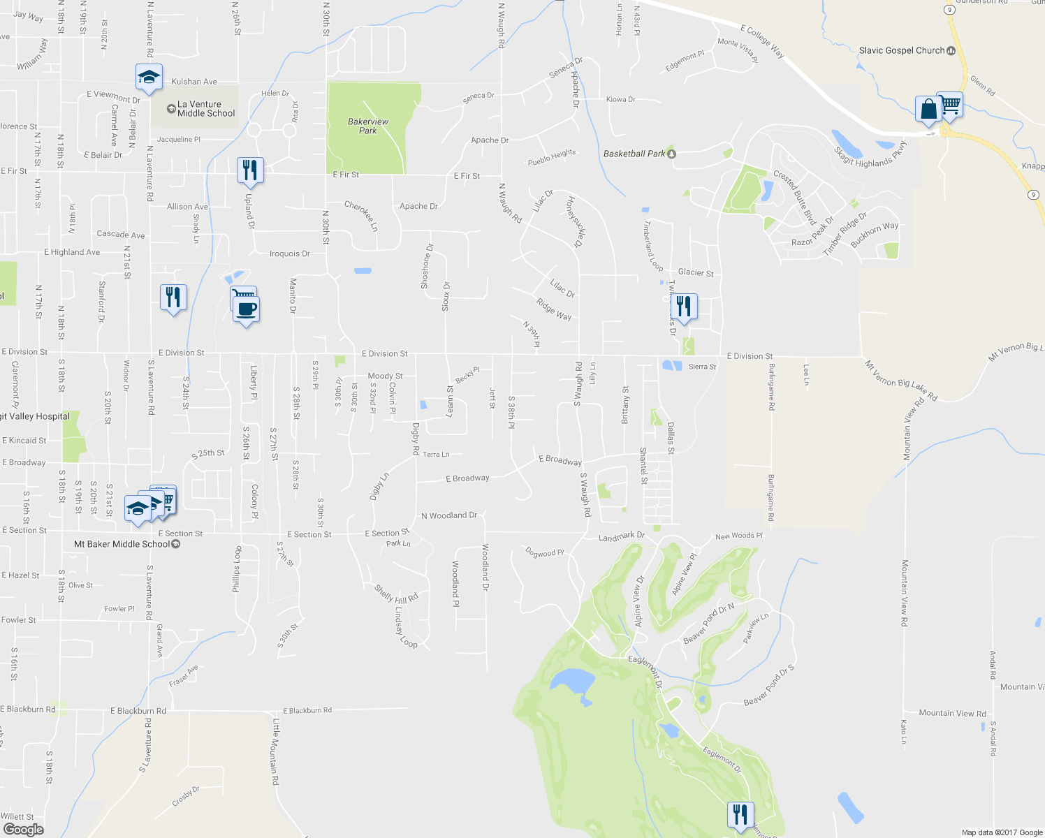 map of restaurants, bars, coffee shops, grocery stores, and more near 3809 Ridge Court in Mount Vernon