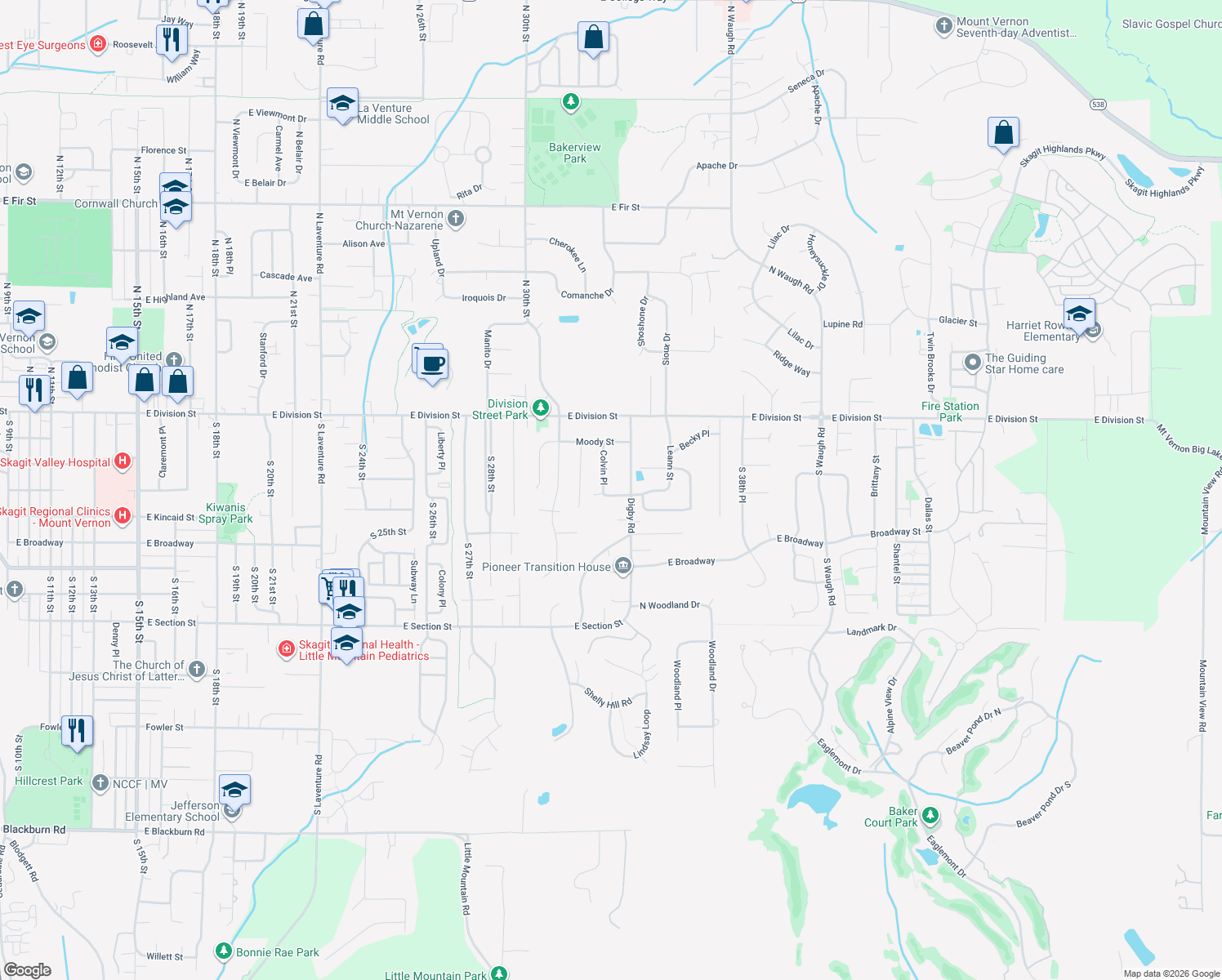 map of restaurants, bars, coffee shops, grocery stores, and more near 3321 East Montgomery Street in Mount Vernon