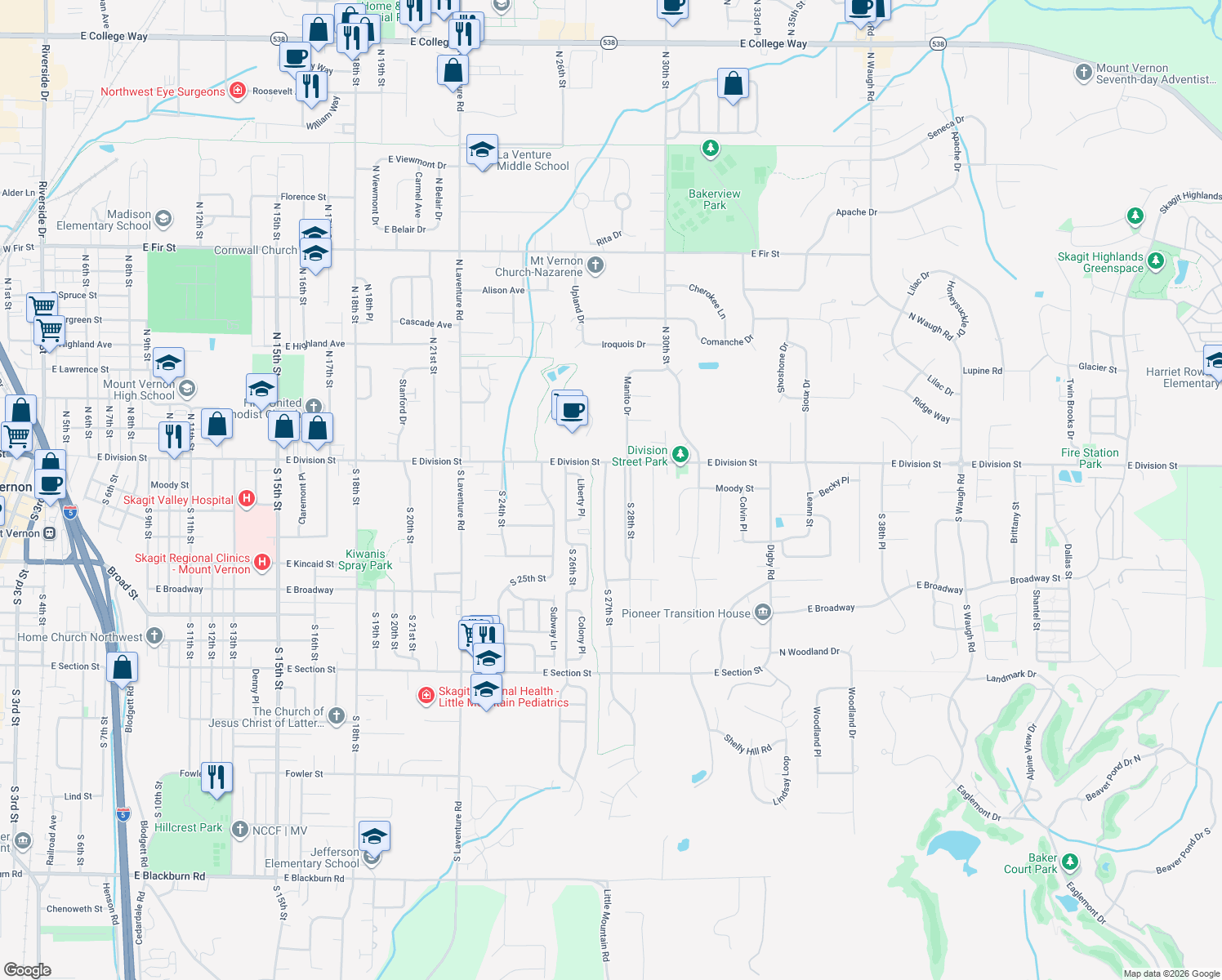 map of restaurants, bars, coffee shops, grocery stores, and more near 126 South 27th Street in Mount Vernon