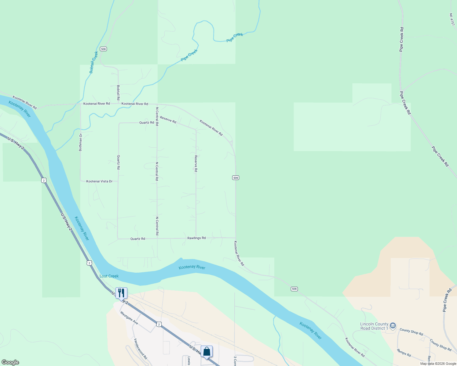 map of restaurants, bars, coffee shops, grocery stores, and more near 2515 Kootenai River Road in Libby
