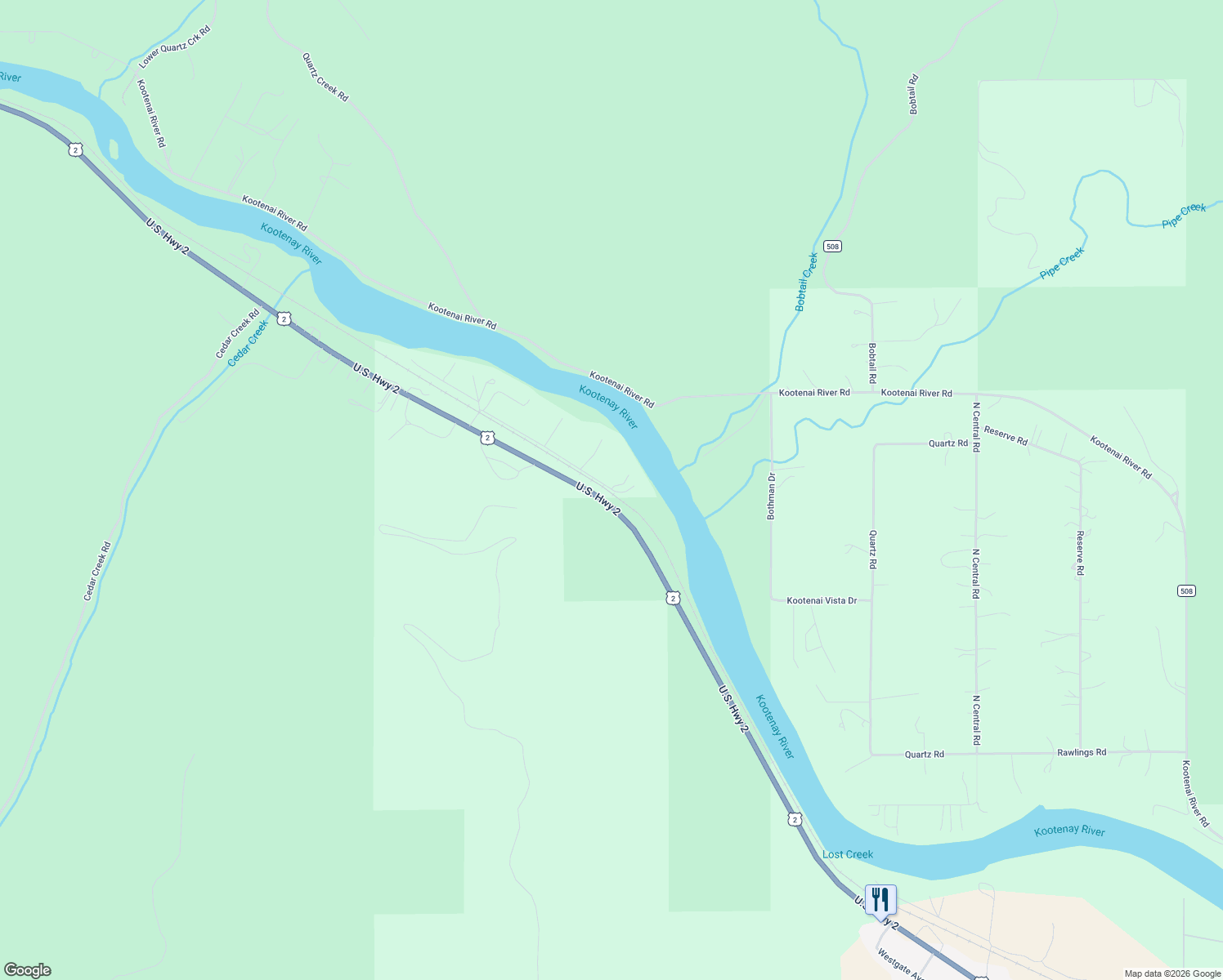 map of restaurants, bars, coffee shops, grocery stores, and more near 547 Cedar Meadow Road in Libby