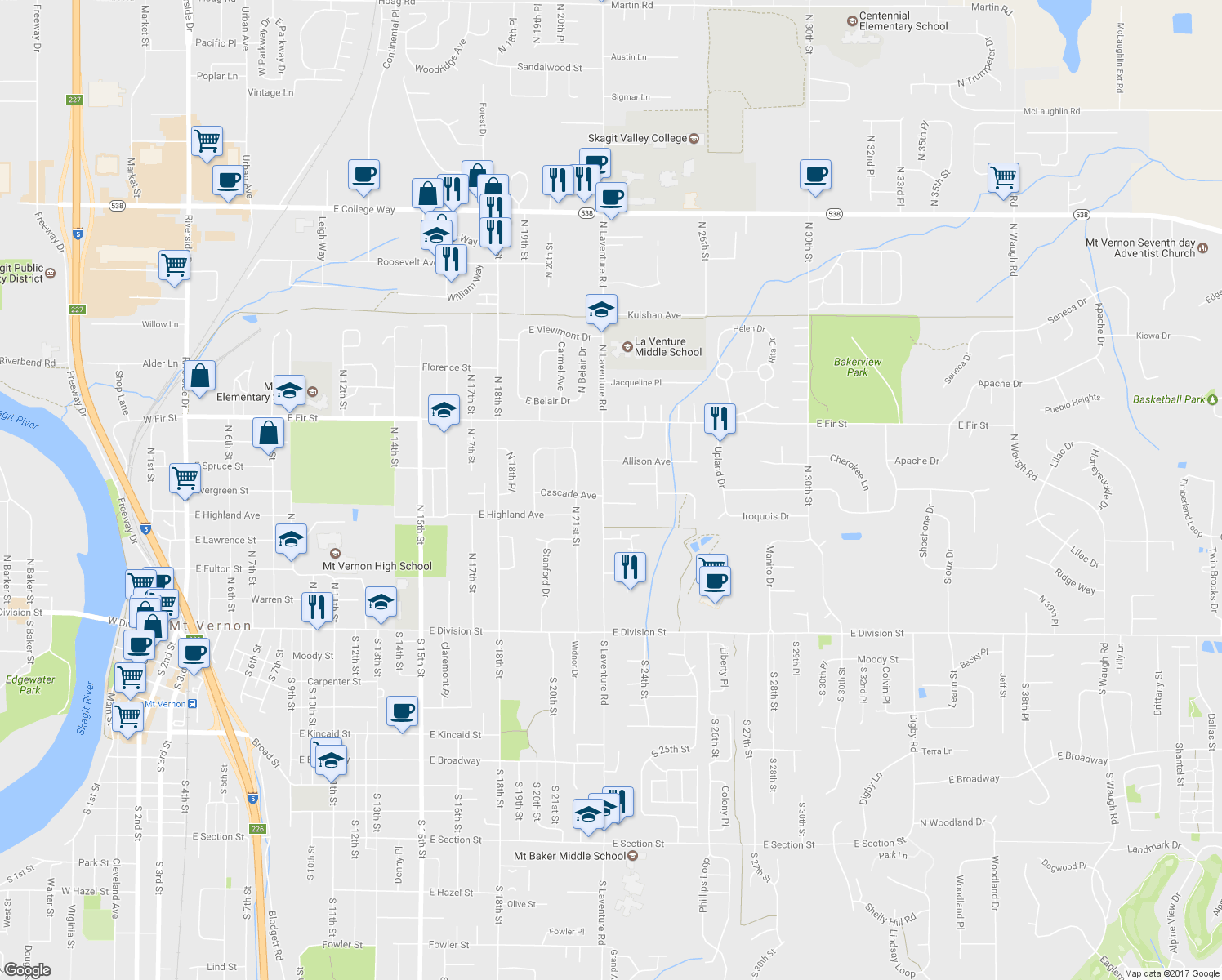 map of restaurants, bars, coffee shops, grocery stores, and more near 610 North Laventure Road in Mount Vernon