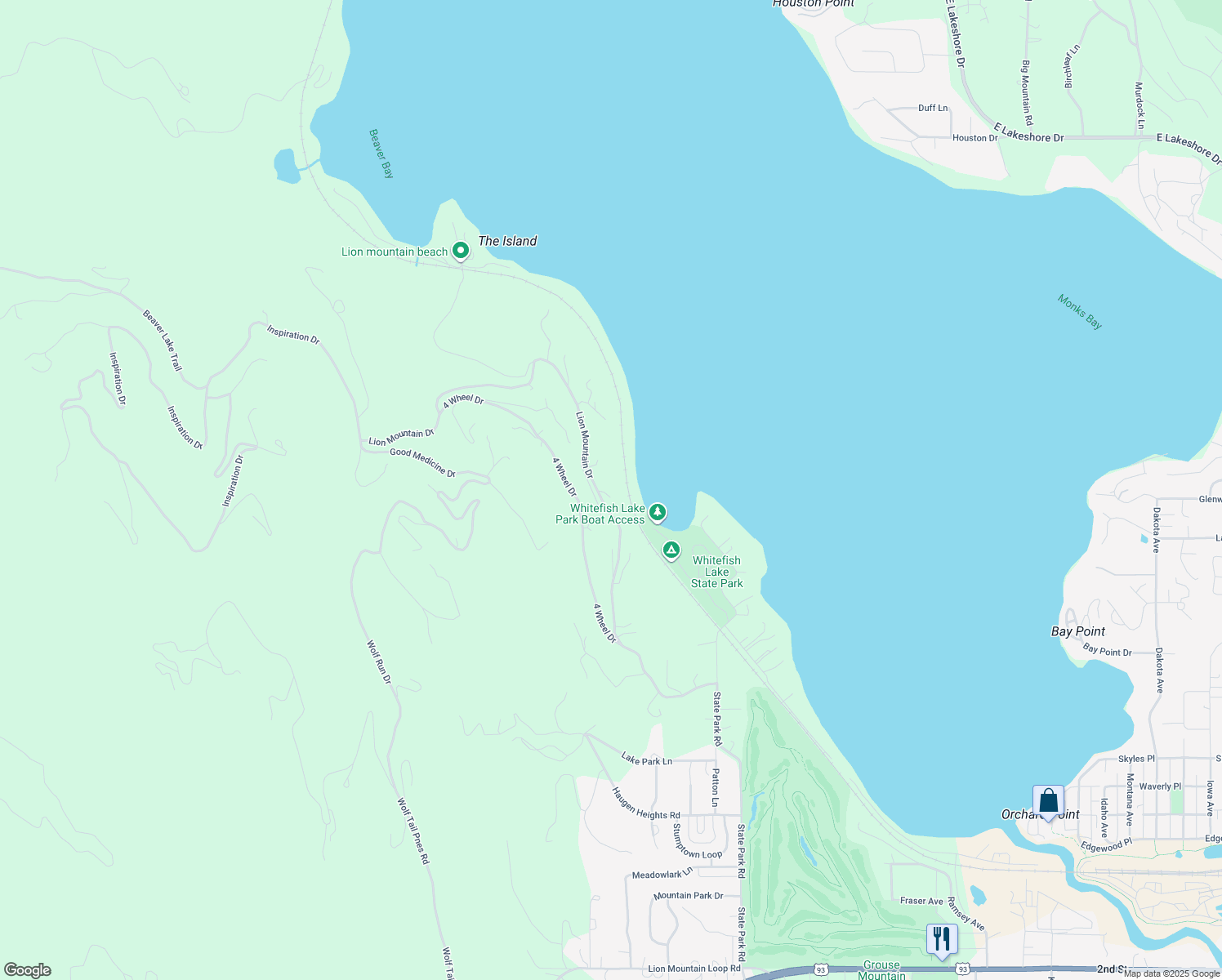 map of restaurants, bars, coffee shops, grocery stores, and more near 1375 Lion Mountain Drive in Whitefish