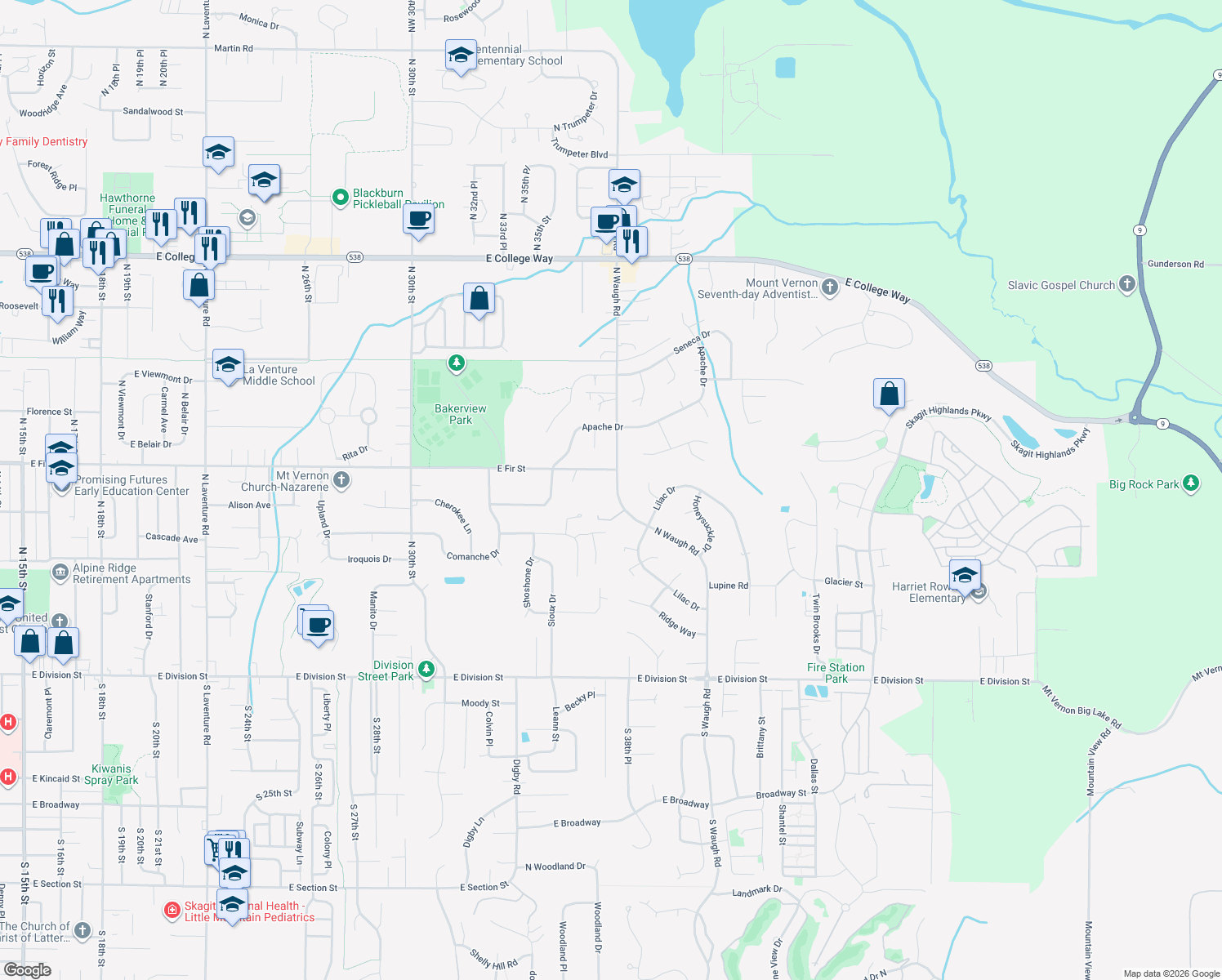 map of restaurants, bars, coffee shops, grocery stores, and more near 815 North Waugh Road in Mount Vernon